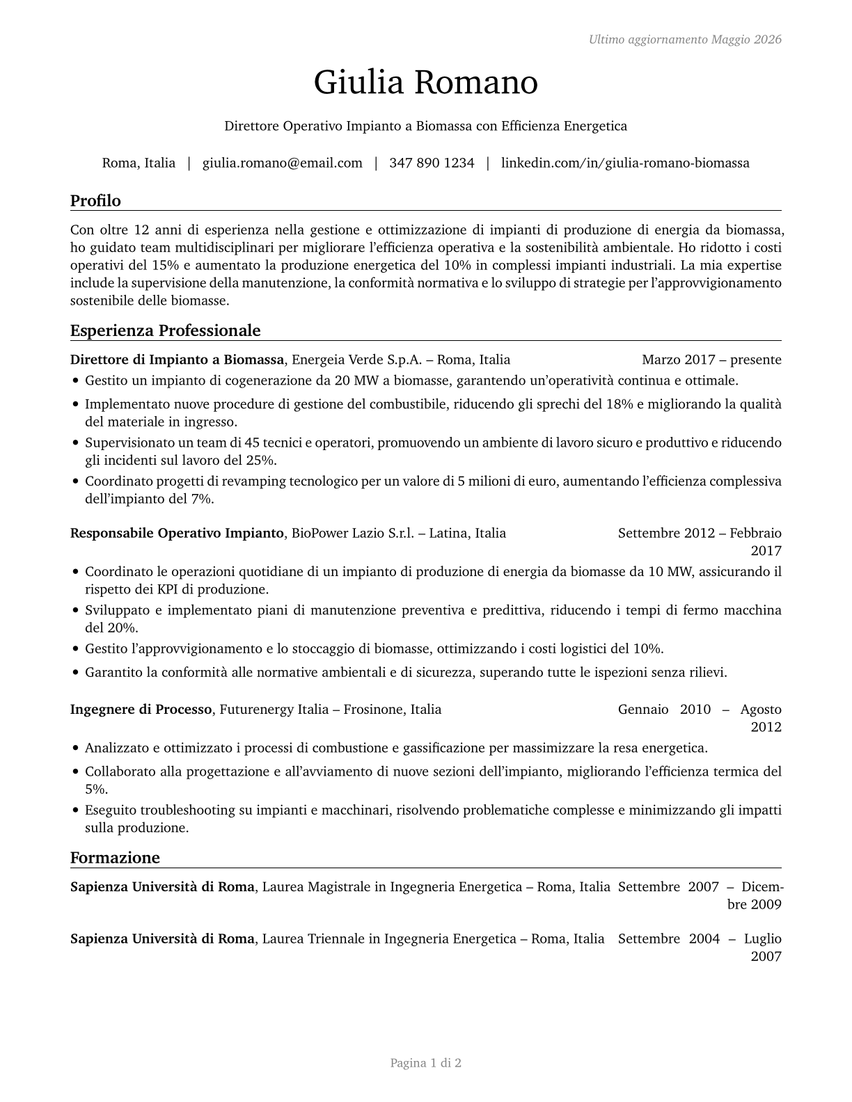 Biomass Power Plant Managers CV in Italian — page 1
