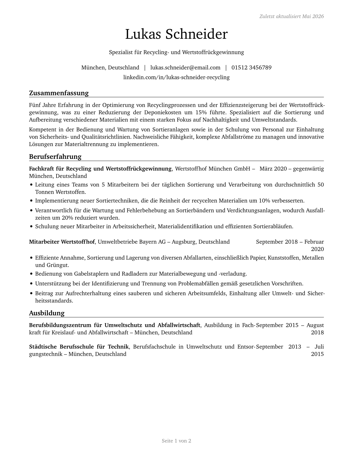 Recycling and Reclamation Workers CV in German — page 1