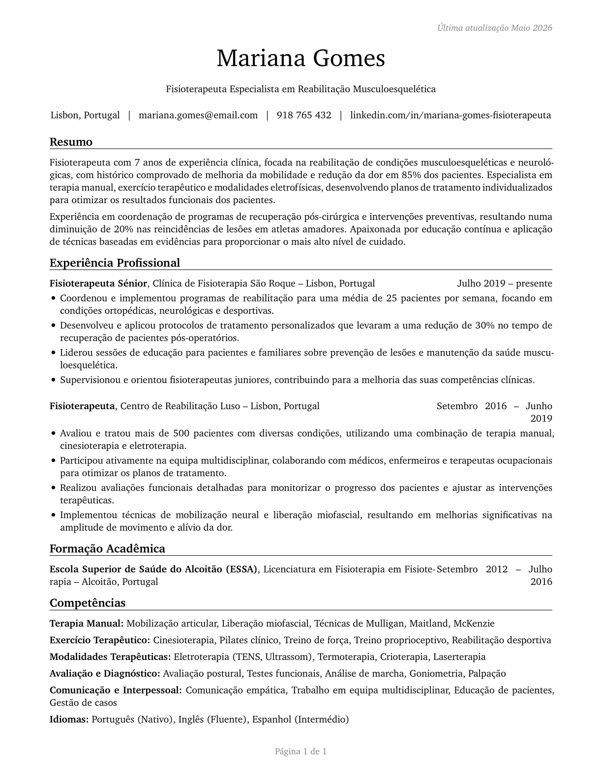 Physical Therapists CV in Portuguese — page 1