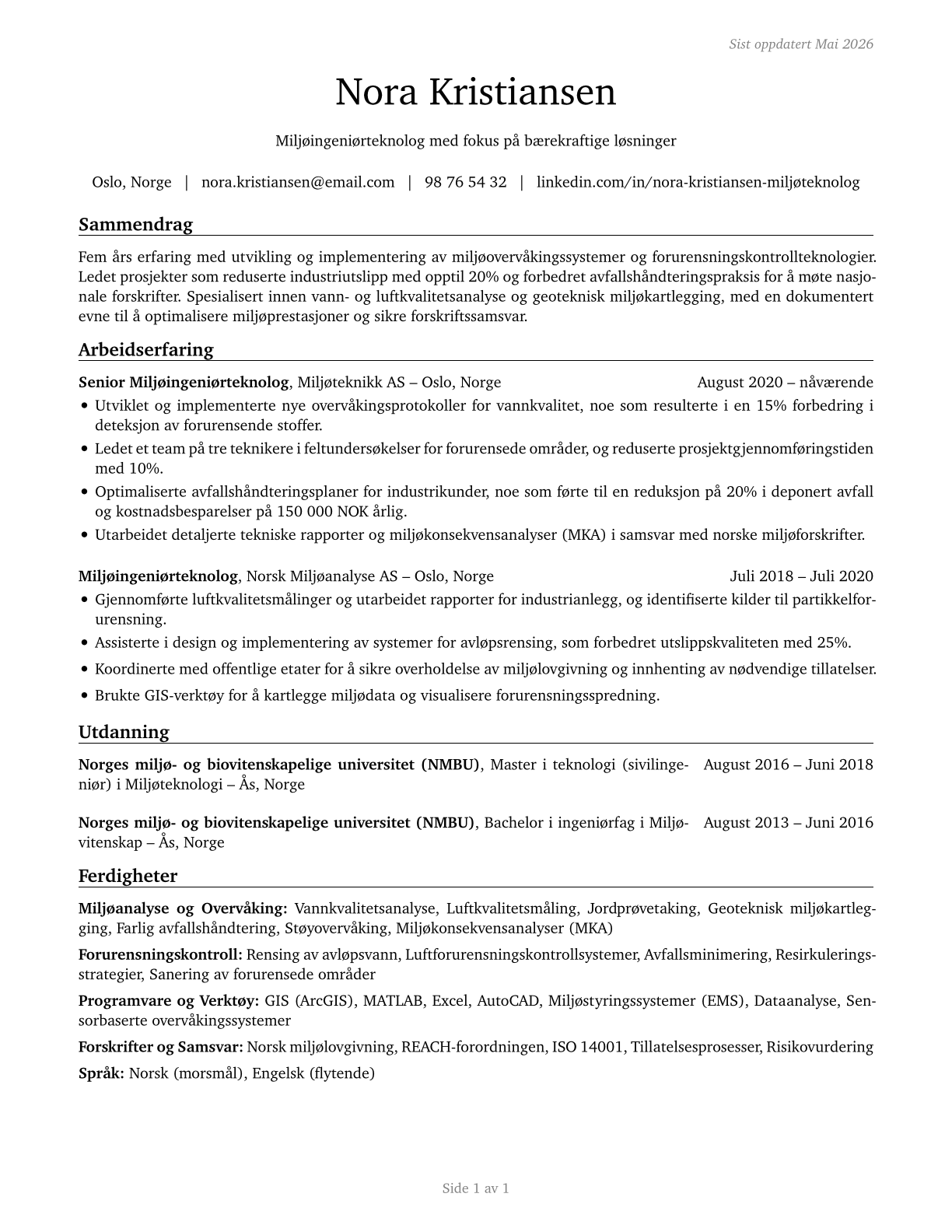 Environmental Engineering Technologists and Technicians CV in Norwegian_bokmal — page 1