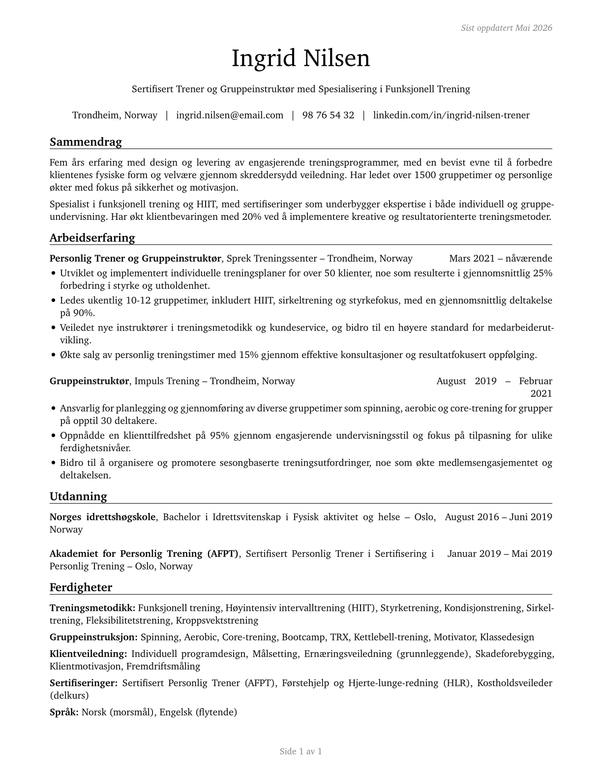 Exercise Trainers and Group Fitness Instructors CV in Norwegian_bokmal — page 1