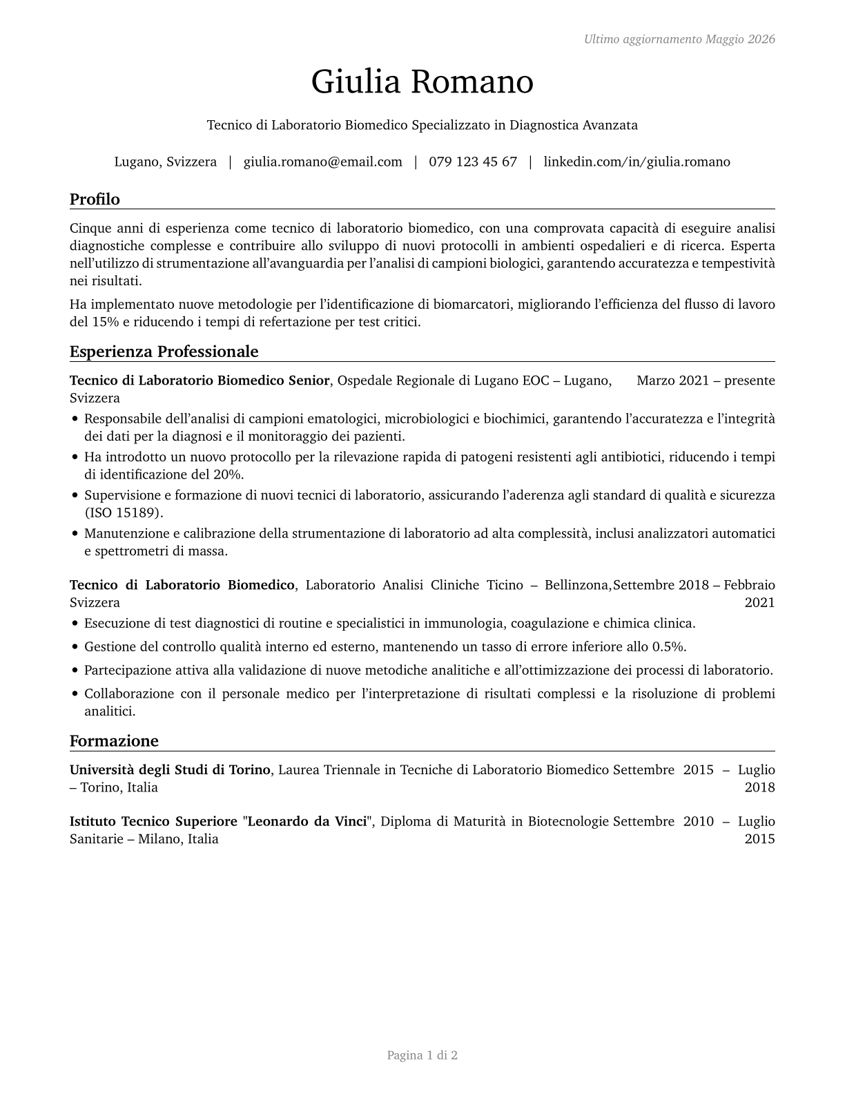 Healthcare Practitioners and Technical Workers, All Other CV in Italian — page 1