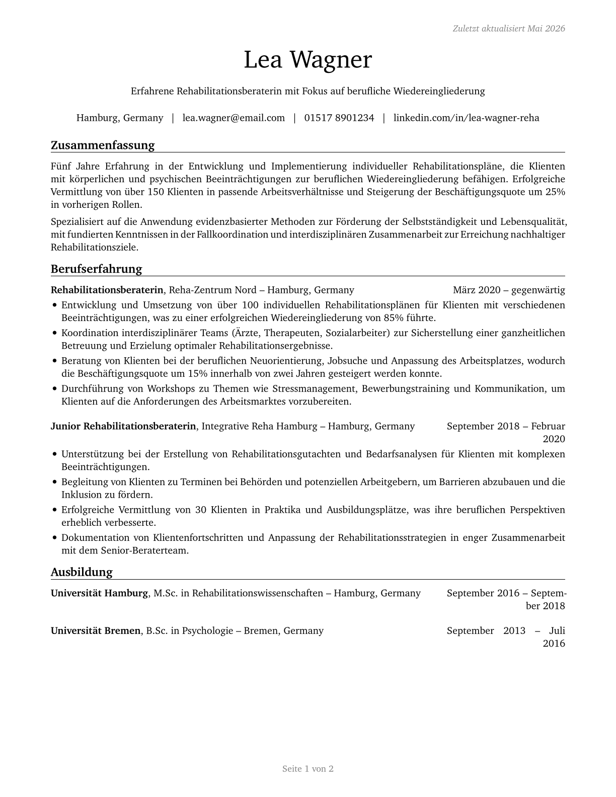 Rehabilitation Counselors CV in German — page 1