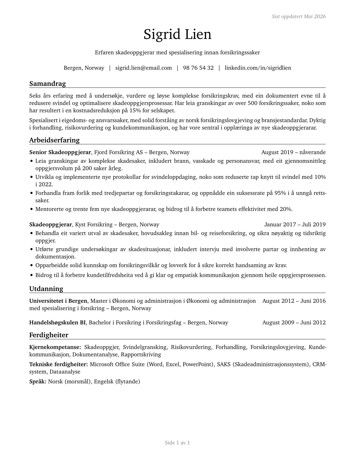 Claims Adjusters, Examiners, and Investigators CV in Norwegian_nynorsk — page 1