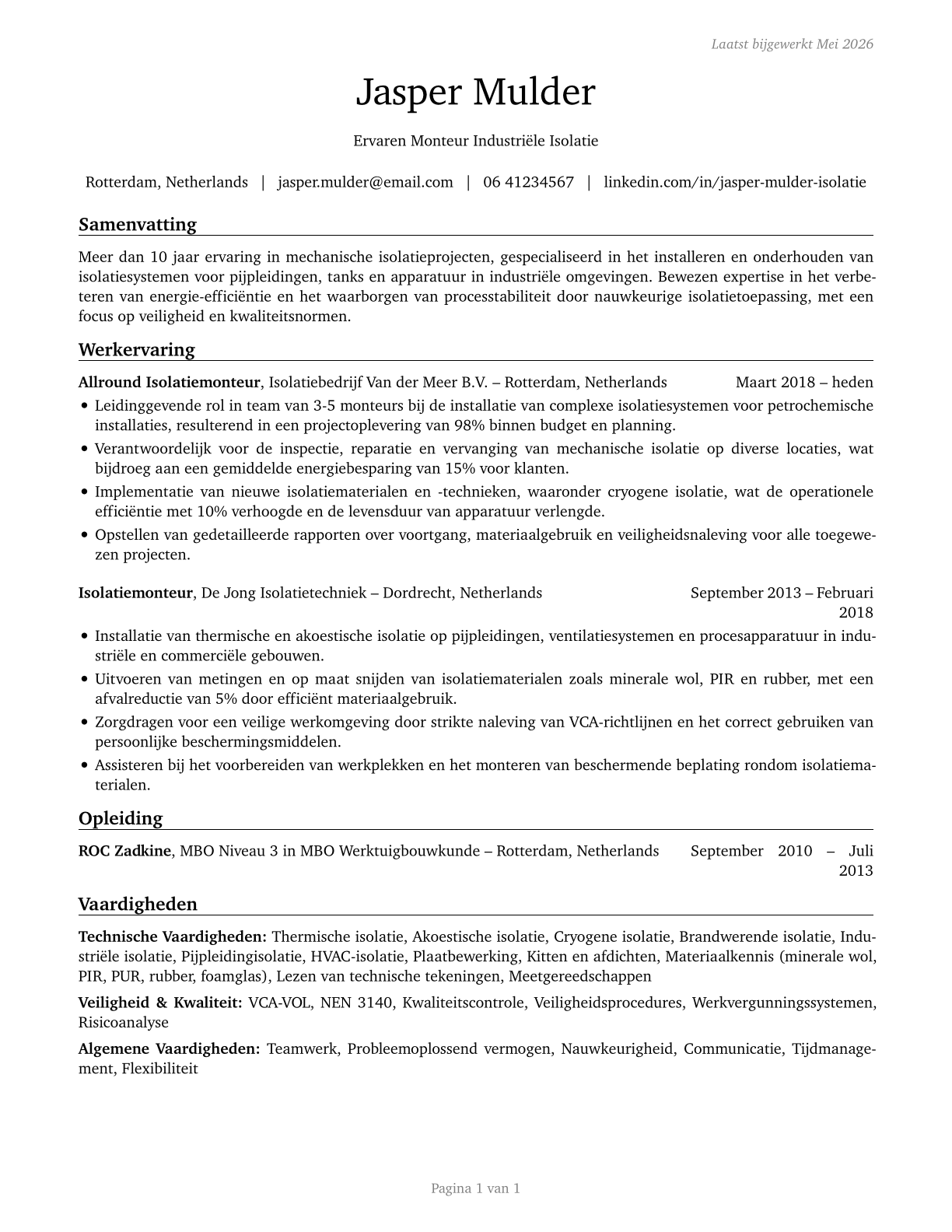 Insulation Workers, Mechanical CV in Dutch — page 1