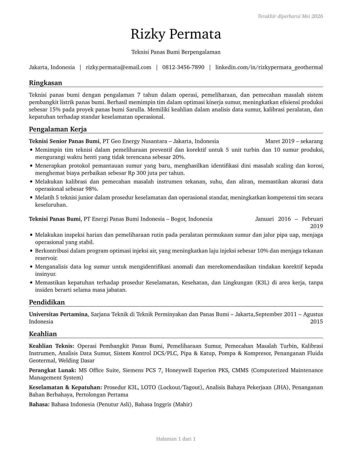 Geothermal Technicians CV in Indonesian — page 1