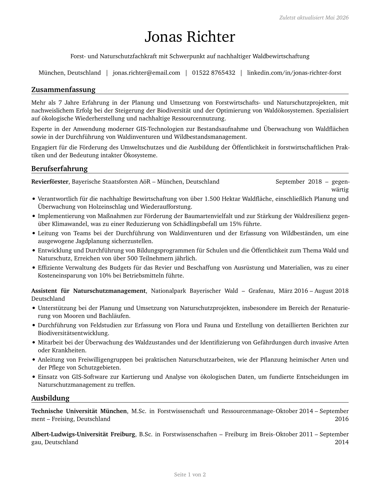 Forest and Conservation Workers CV in German — page 1