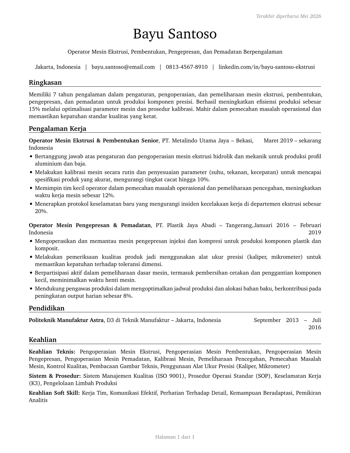 Extruding, Forming, Pressing, and Compacting Machine Setters, Operators, and Tenders CV in Indonesian — page 1