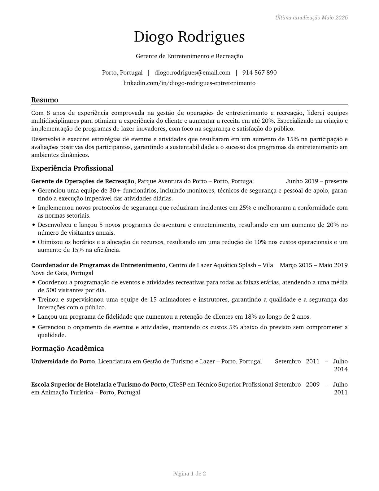 Entertainment and Recreation Managers, Except Gambling CV in Portuguese — page 1