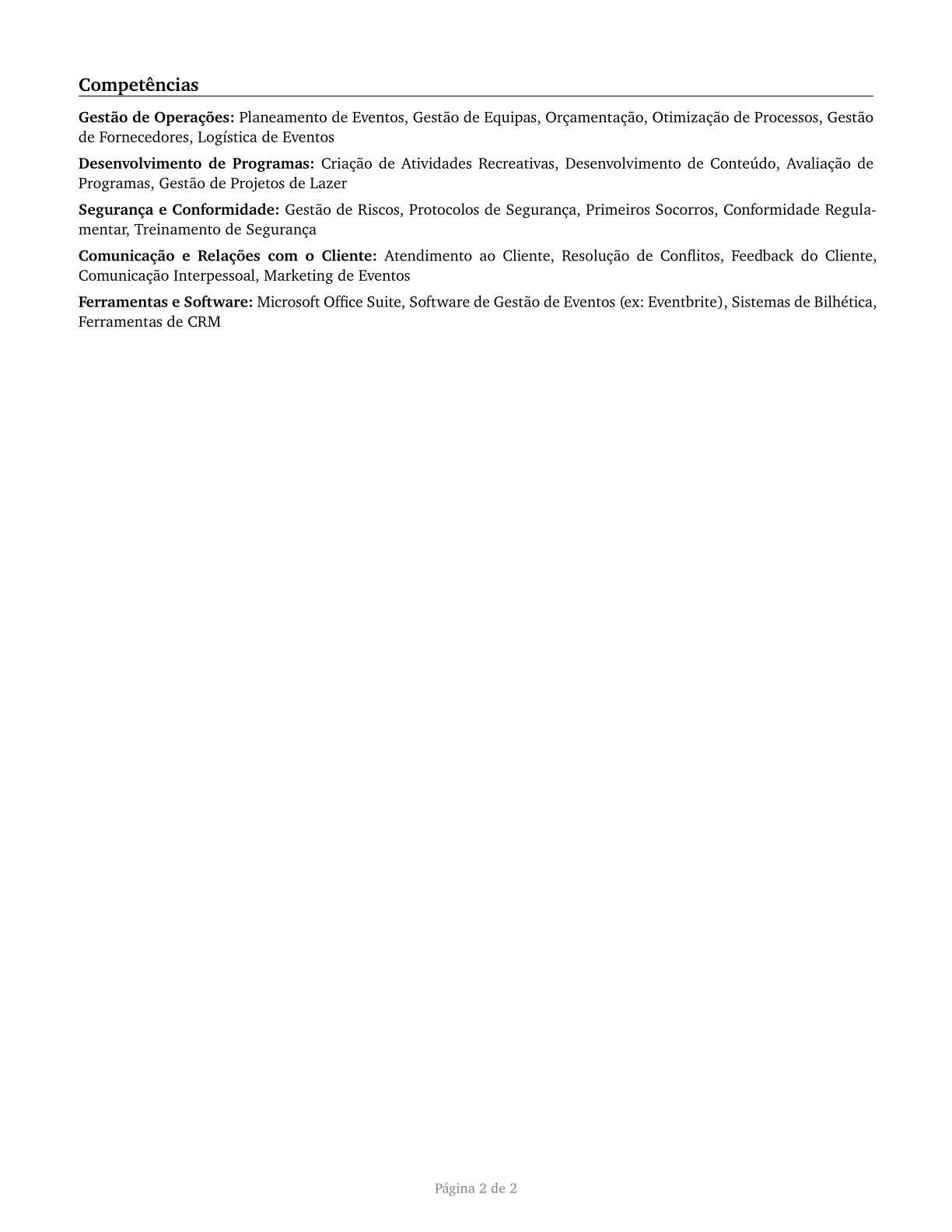 Entertainment and Recreation Managers, Except Gambling CV in Portuguese — page 2