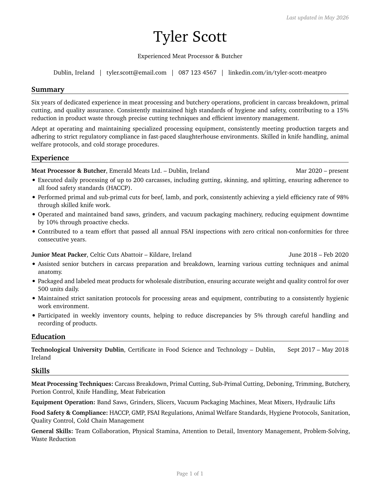 Slaughterers and Meat Packers CV in English — page 1