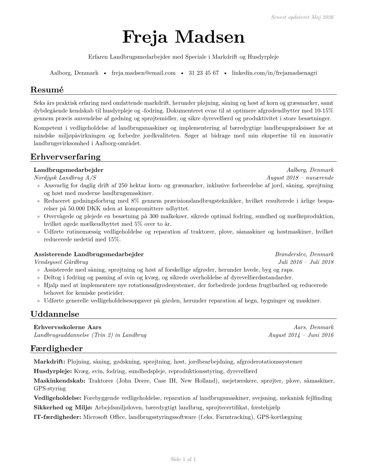 Agricultural Workers, All Other CV in Danish — page 1