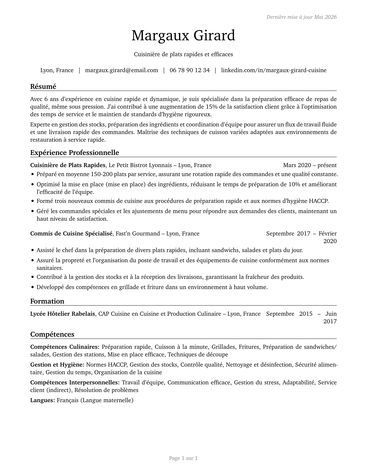Cooks, Short Order CV in French — page 1