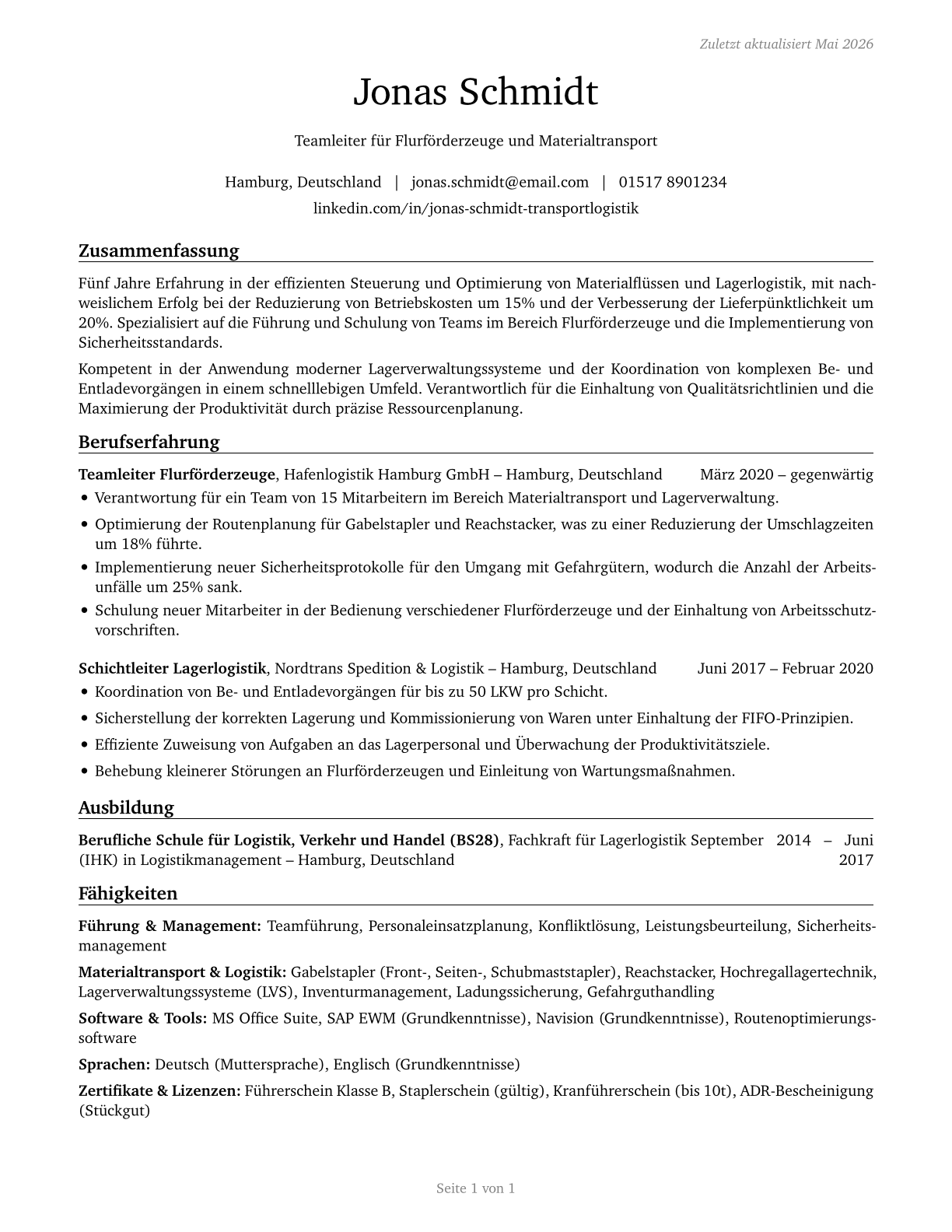 First-Line Supervisors of Material-Moving Machine and Vehicle Operators CV in German — page 1