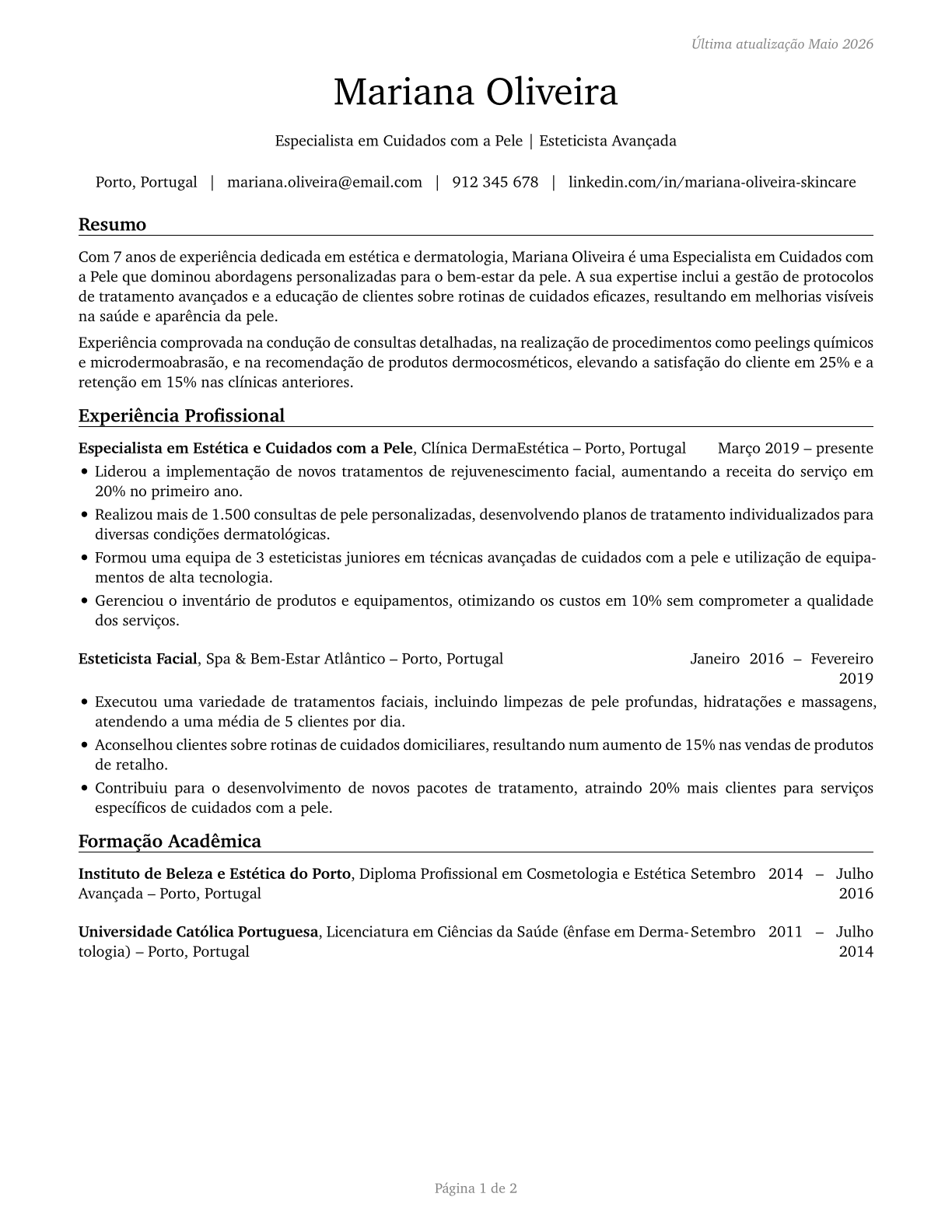 Skincare Specialists CV in Portuguese — page 1