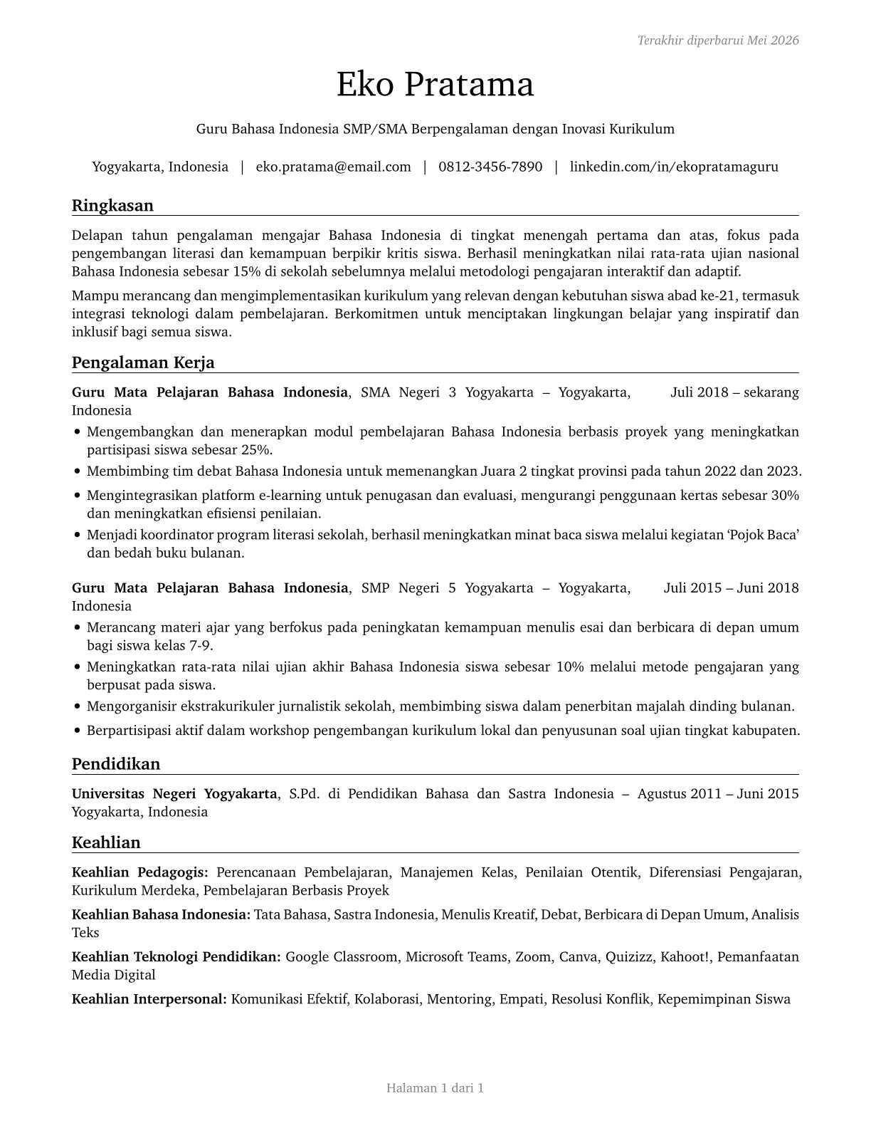 Secondary School Teachers, Except Special and Career/Technical Education CV in Indonesian — page 1