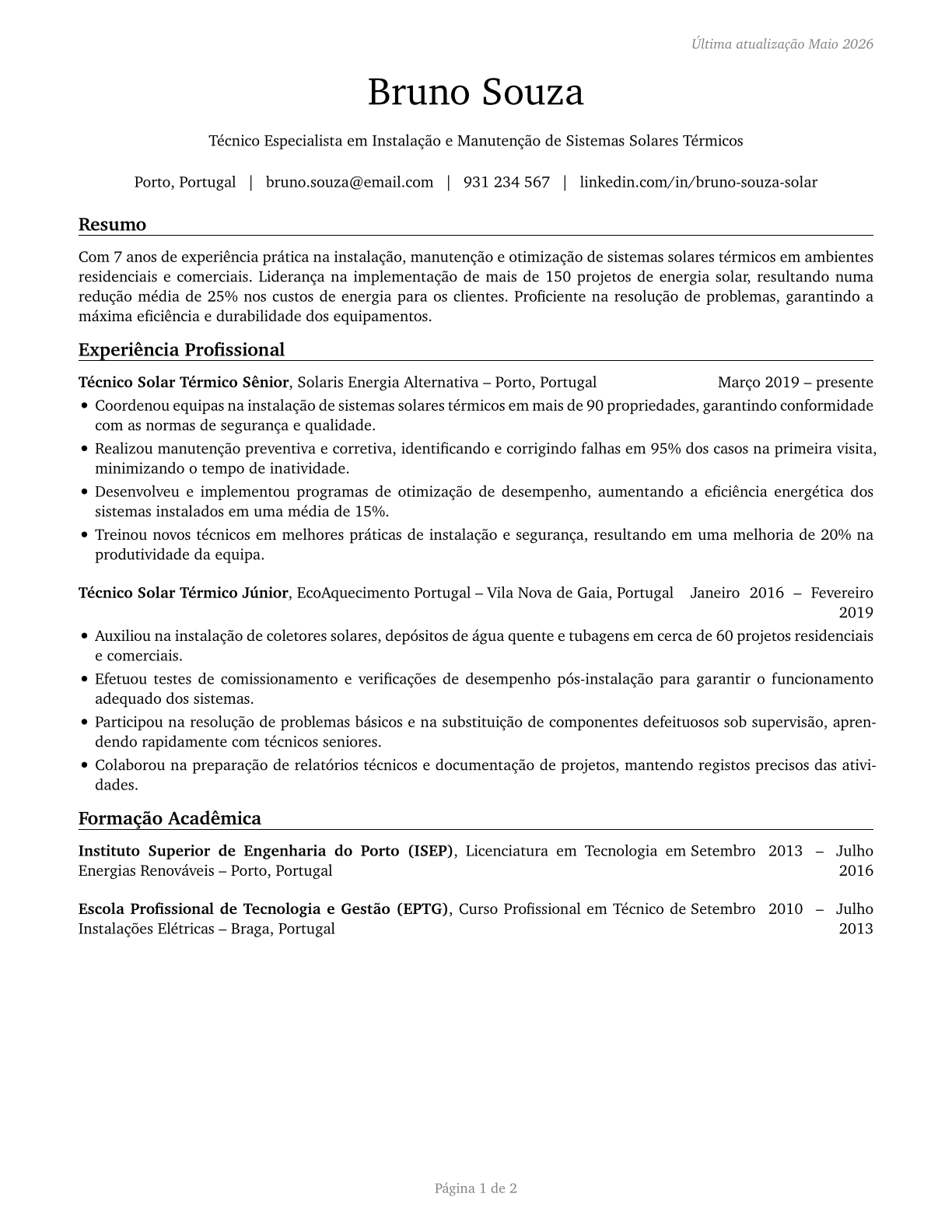Solar Thermal Installers and Technicians CV in Portuguese — page 1
