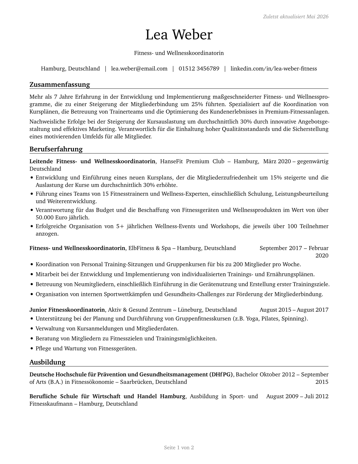 Fitness and Wellness Coordinators CV in German — page 1