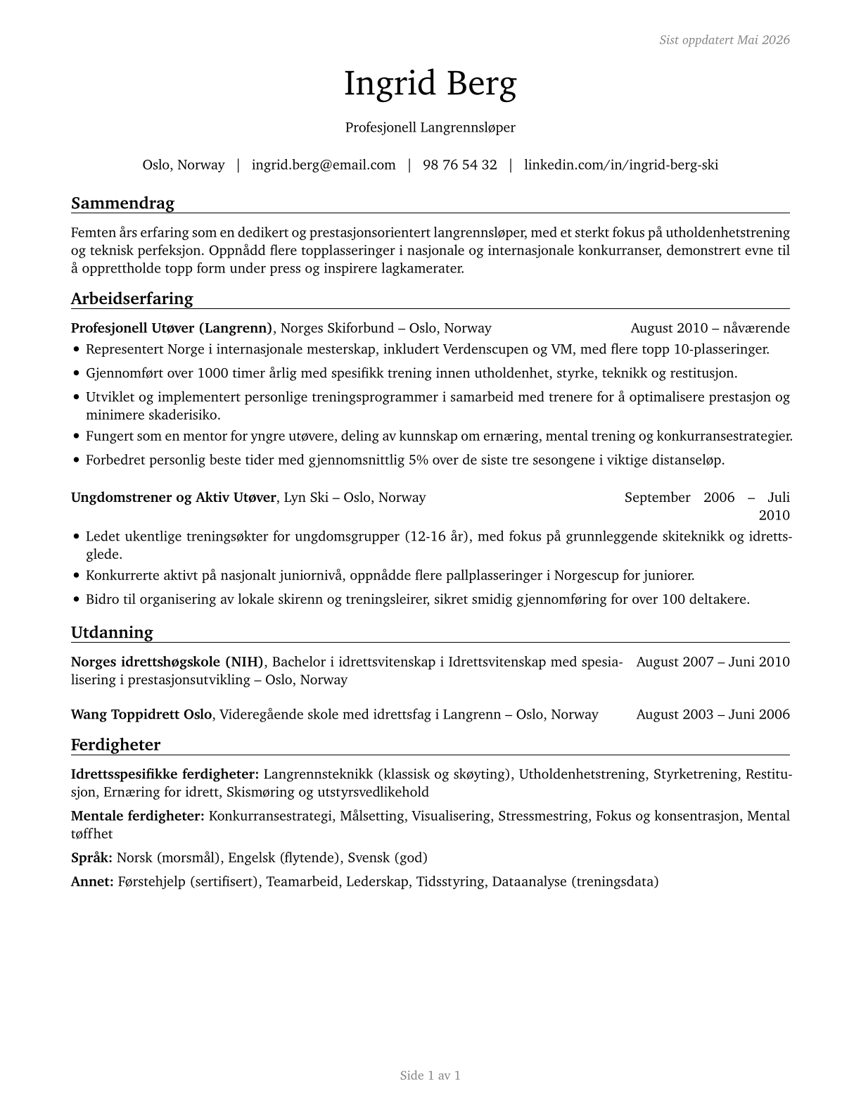 Athletes and Sports Competitors CV in Norwegian_bokmal — page 1
