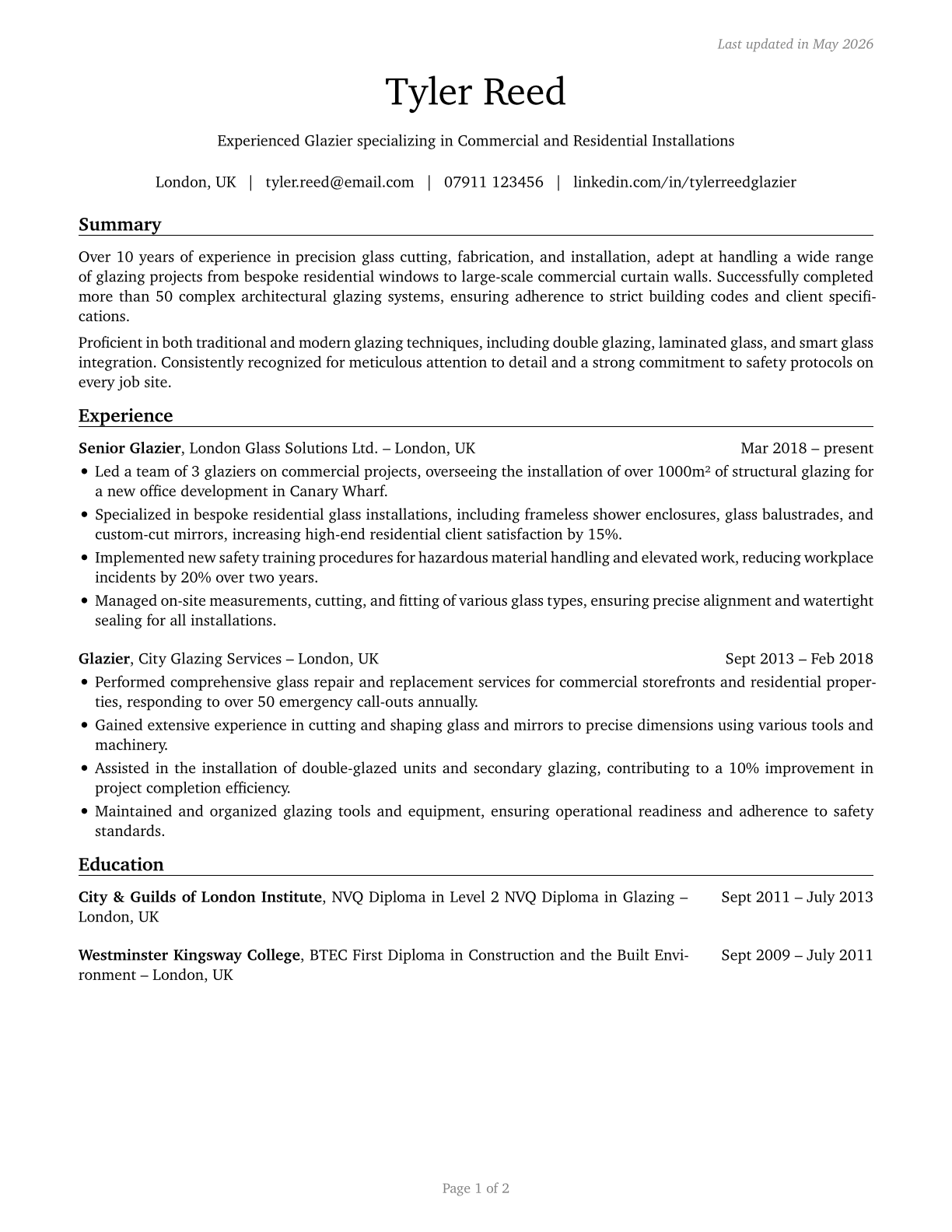 Glaziers CV in English — page 1