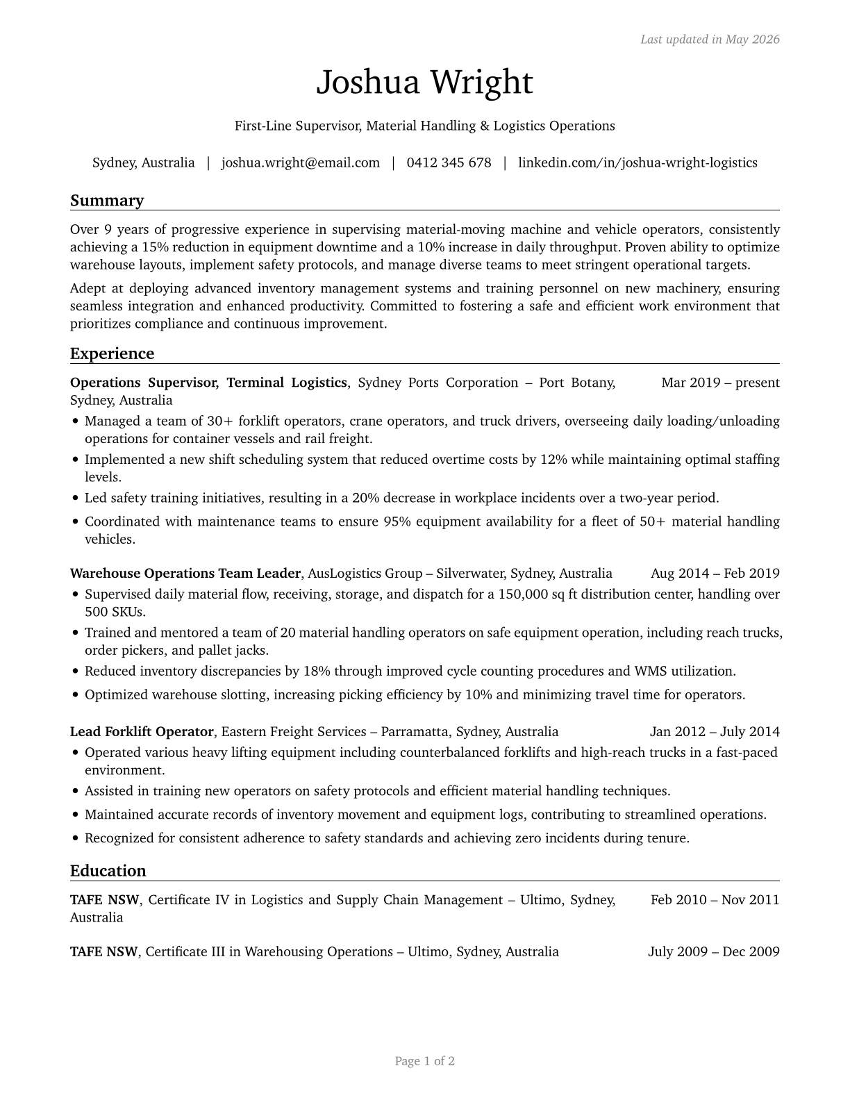 First-Line Supervisors of Material-Moving Machine and Vehicle Operators CV in English — page 1