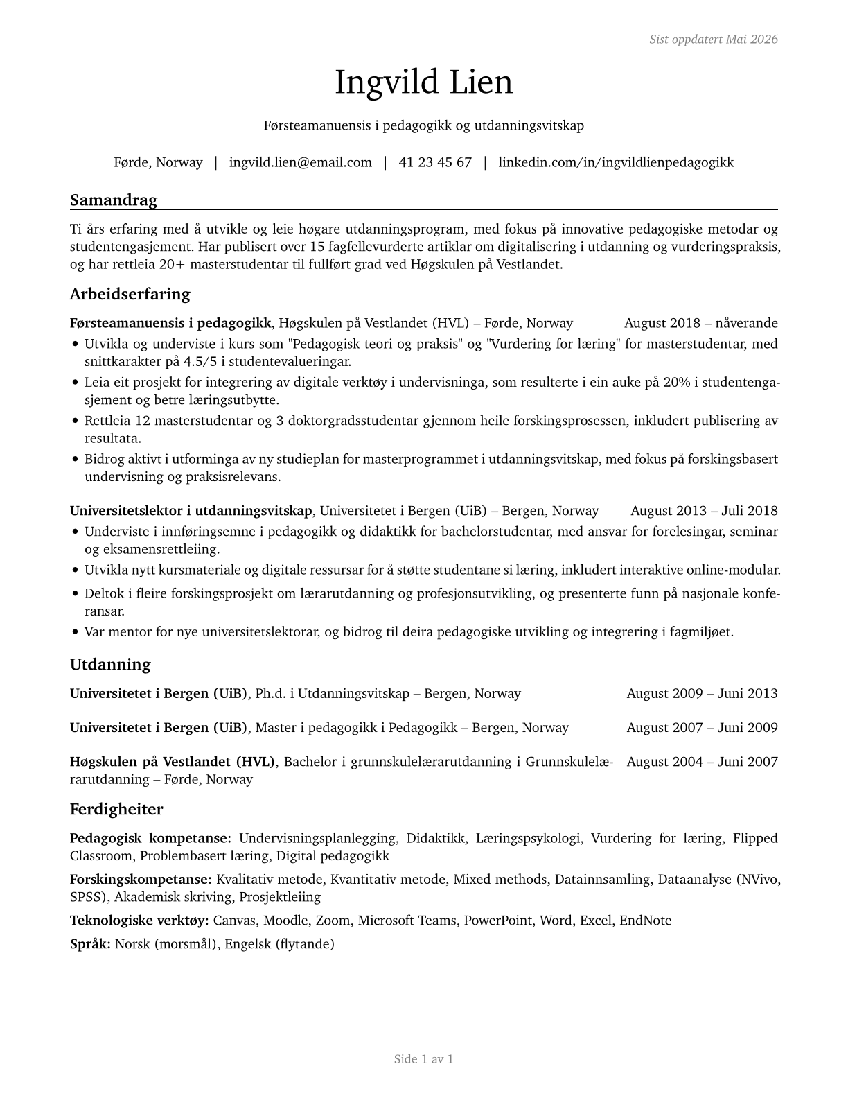 Education Teachers, Postsecondary CV in Norwegian_nynorsk — page 1