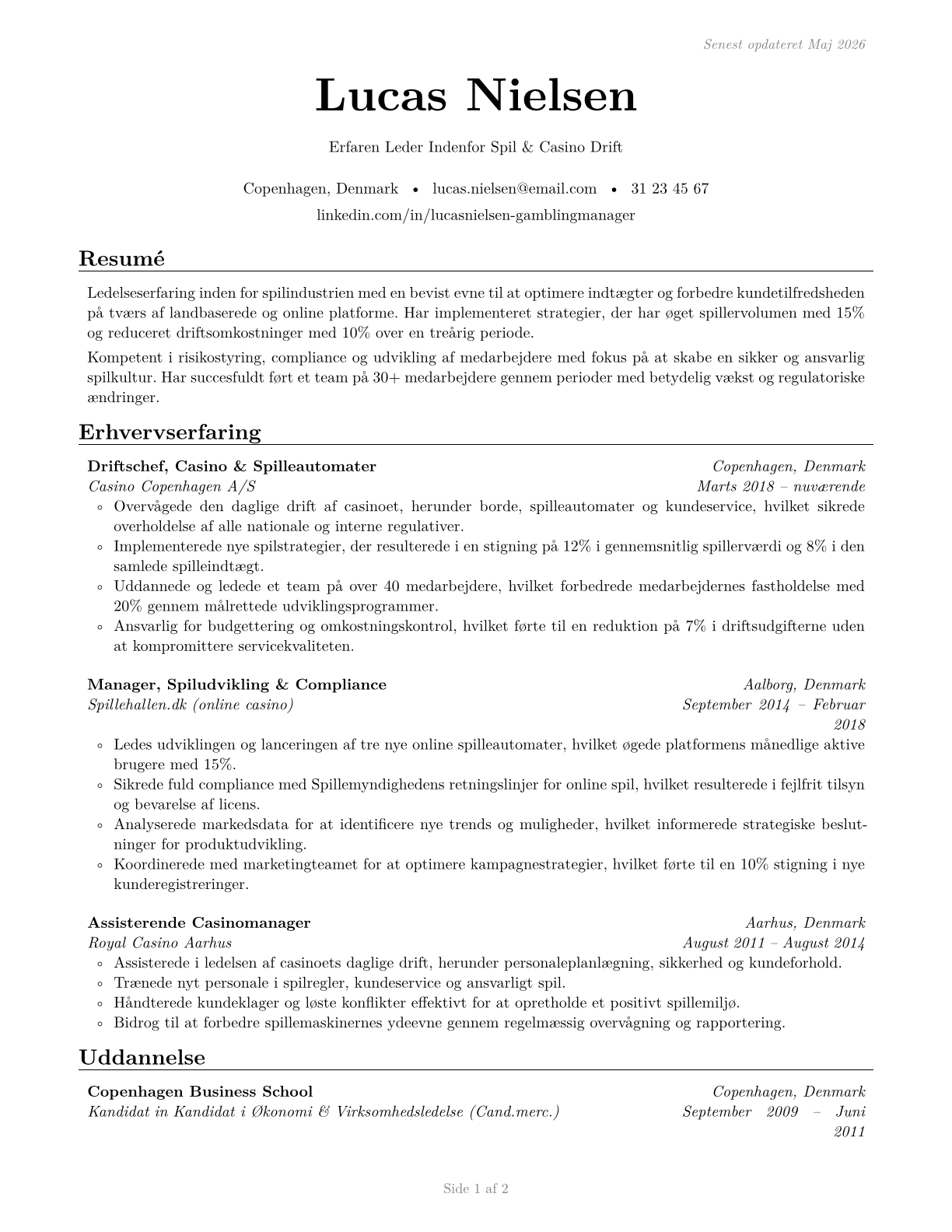 Gambling Managers CV in Danish — page 1