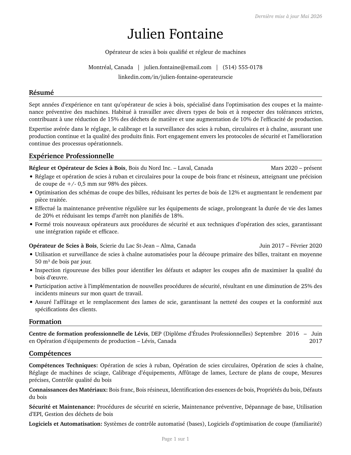 Sawing Machine Setters, Operators, and Tenders, Wood CV in French — page 1