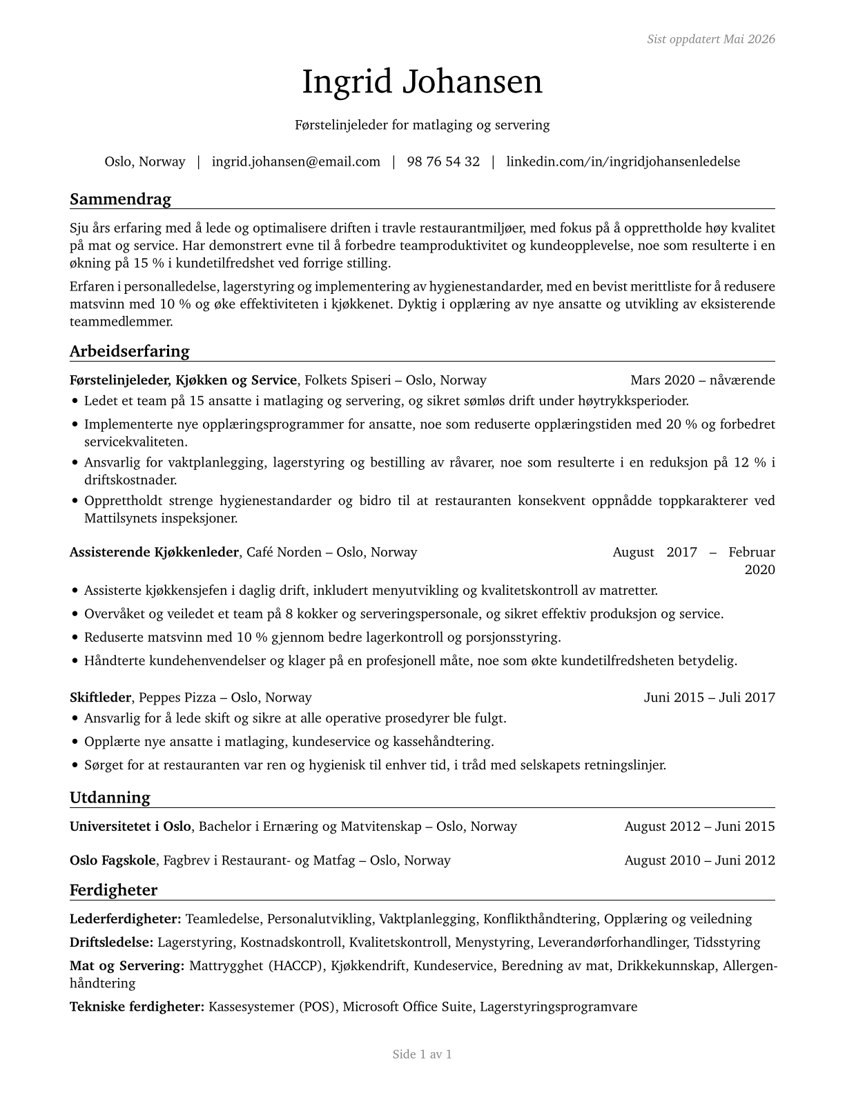 First-Line Supervisors of Food Preparation and Serving Workers CV in Norwegian_bokmal — page 1