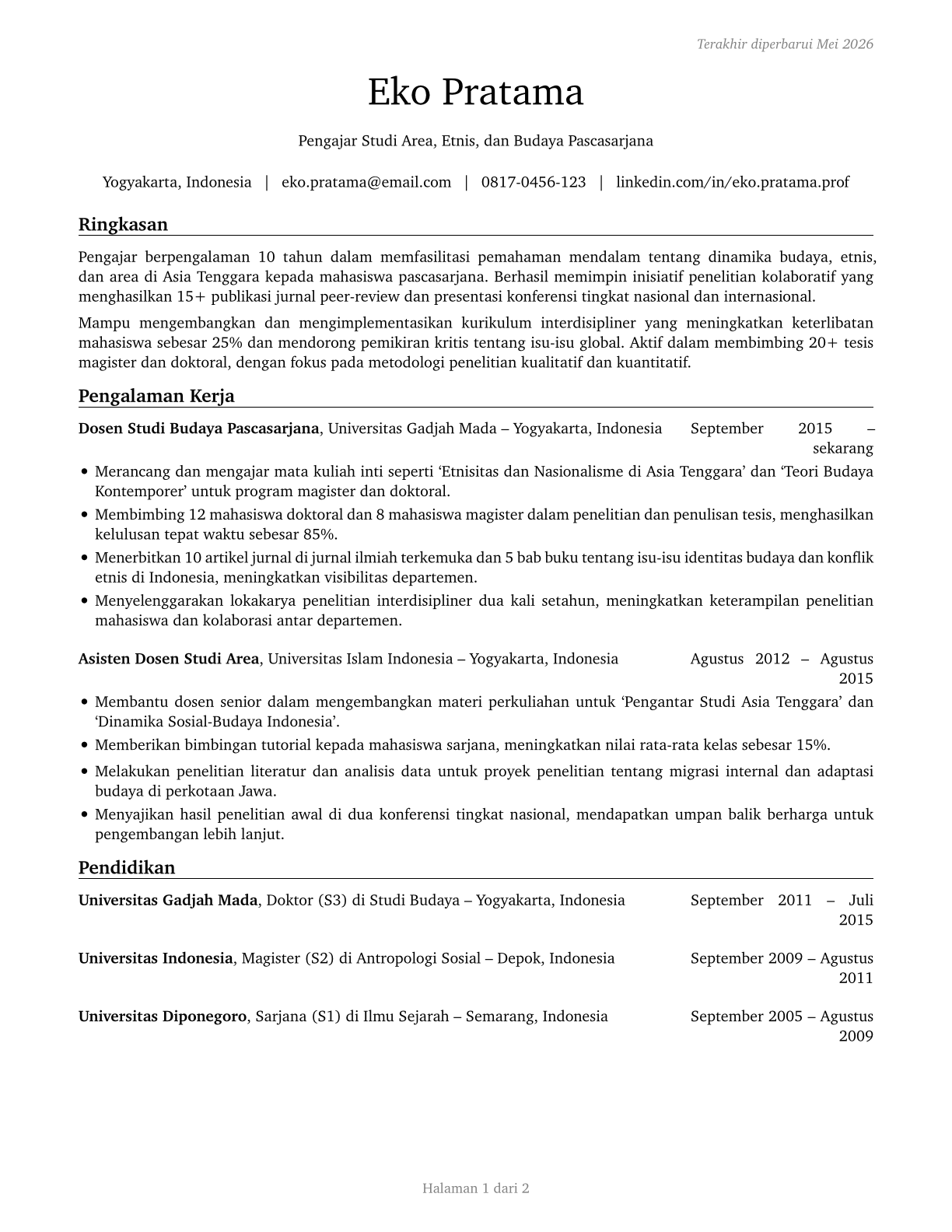 Area, Ethnic, and Cultural Studies Teachers, Postsecondary CV in Indonesian — page 1