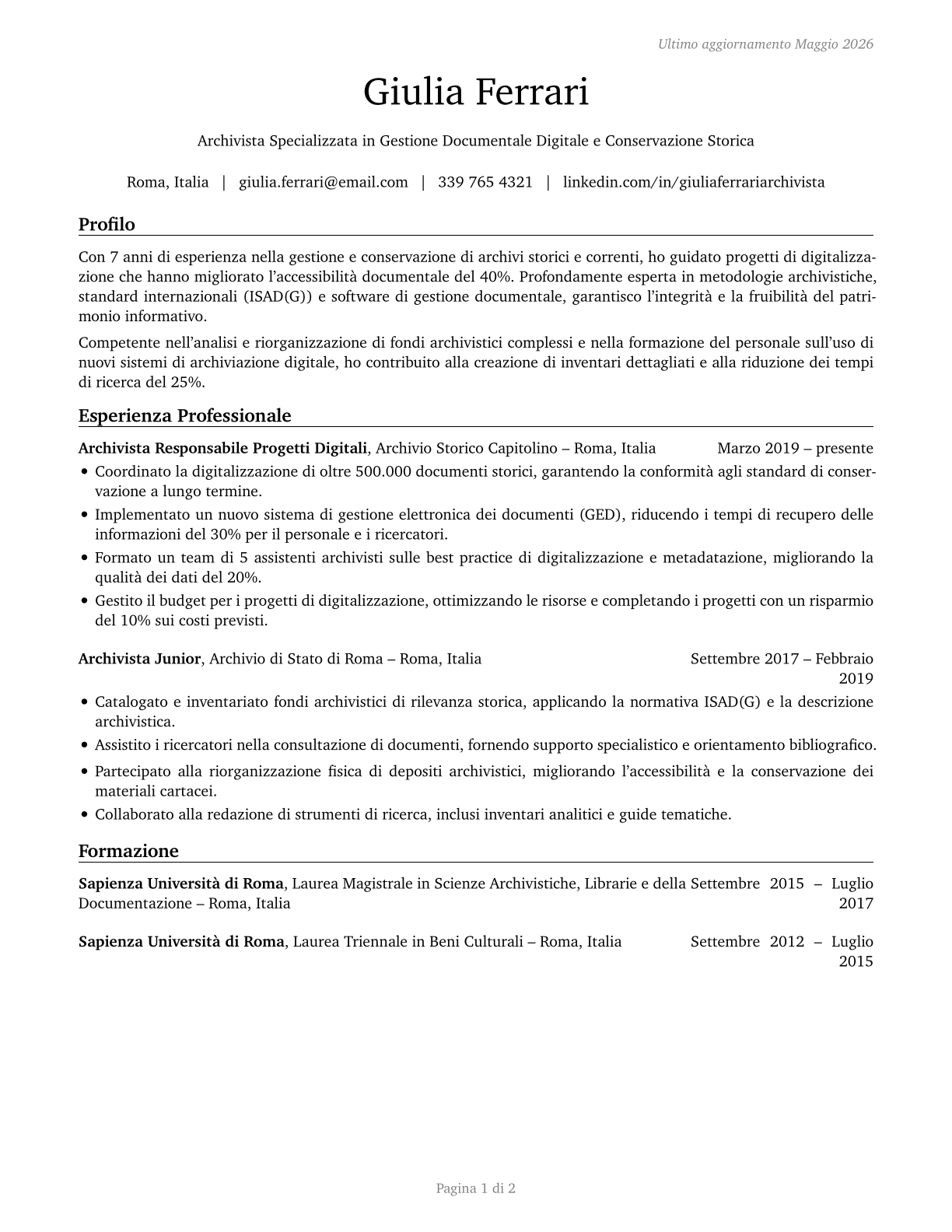Archivists CV in Italian — page 1