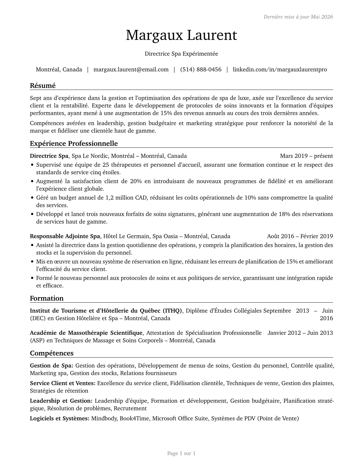 Spa Managers CV in French — page 1