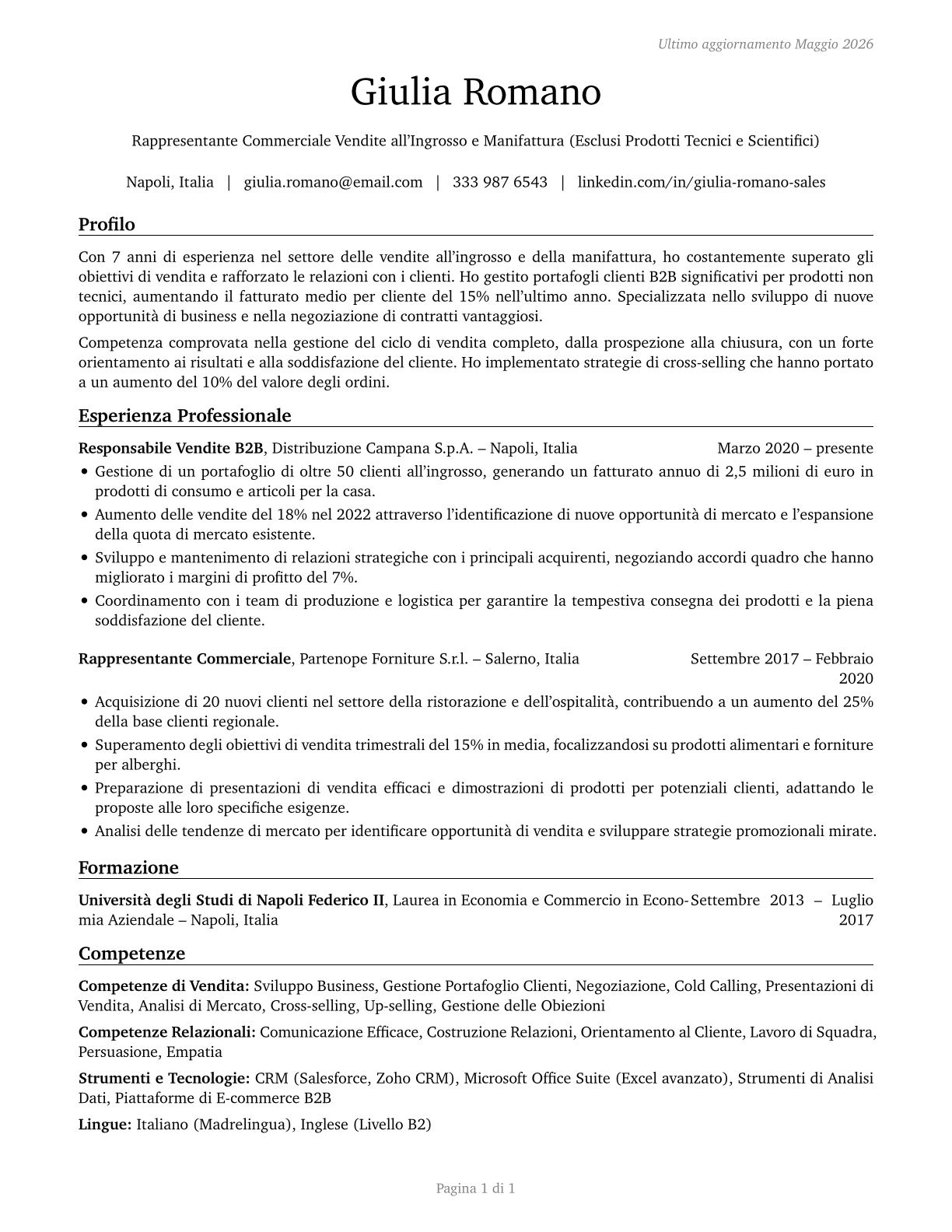 Sales Representatives, Wholesale and Manufacturing, Except Technical and Scientific Products CV in Italian — page 1