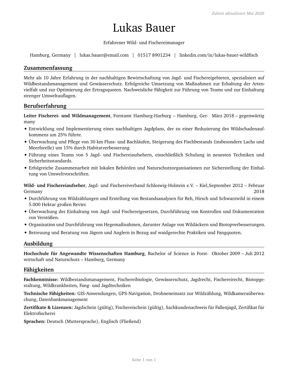 Fishing and Hunting Workers CV in German — page 1