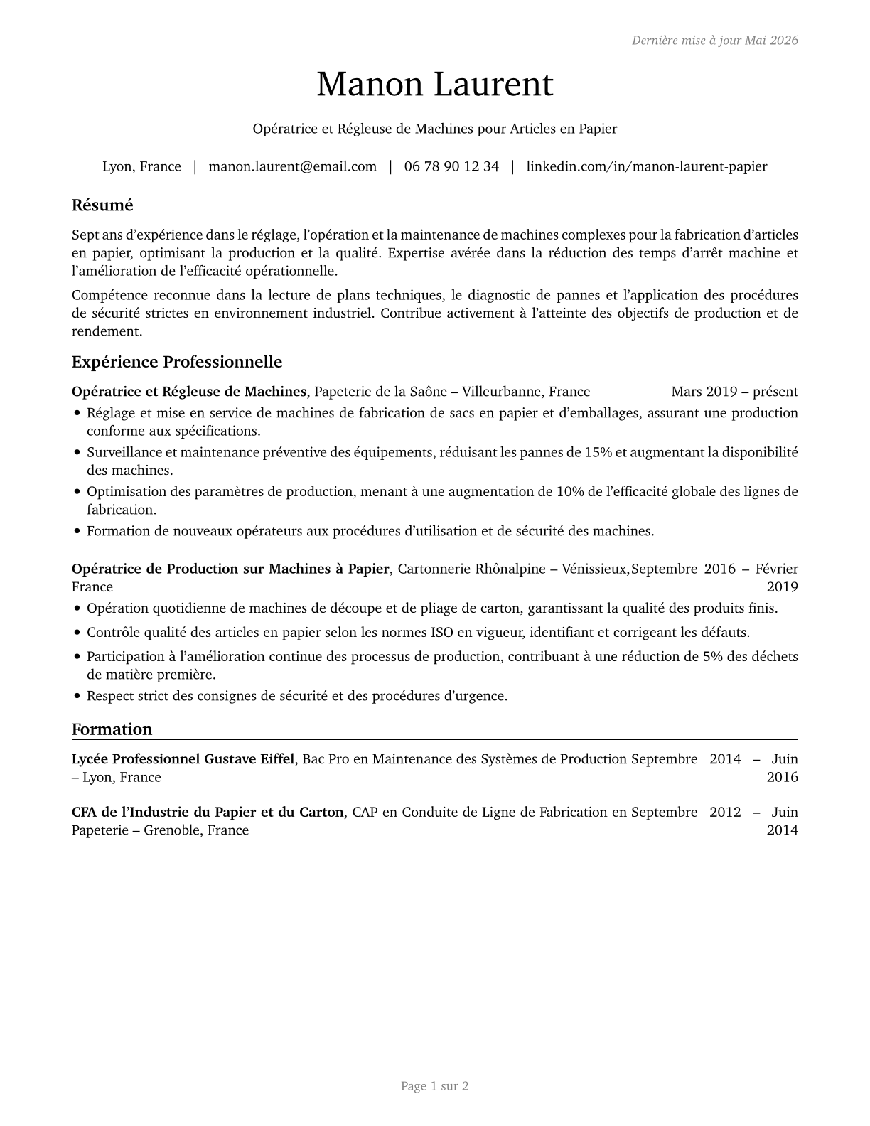 Paper Goods Machine Setters, Operators, and Tenders CV in French — page 1