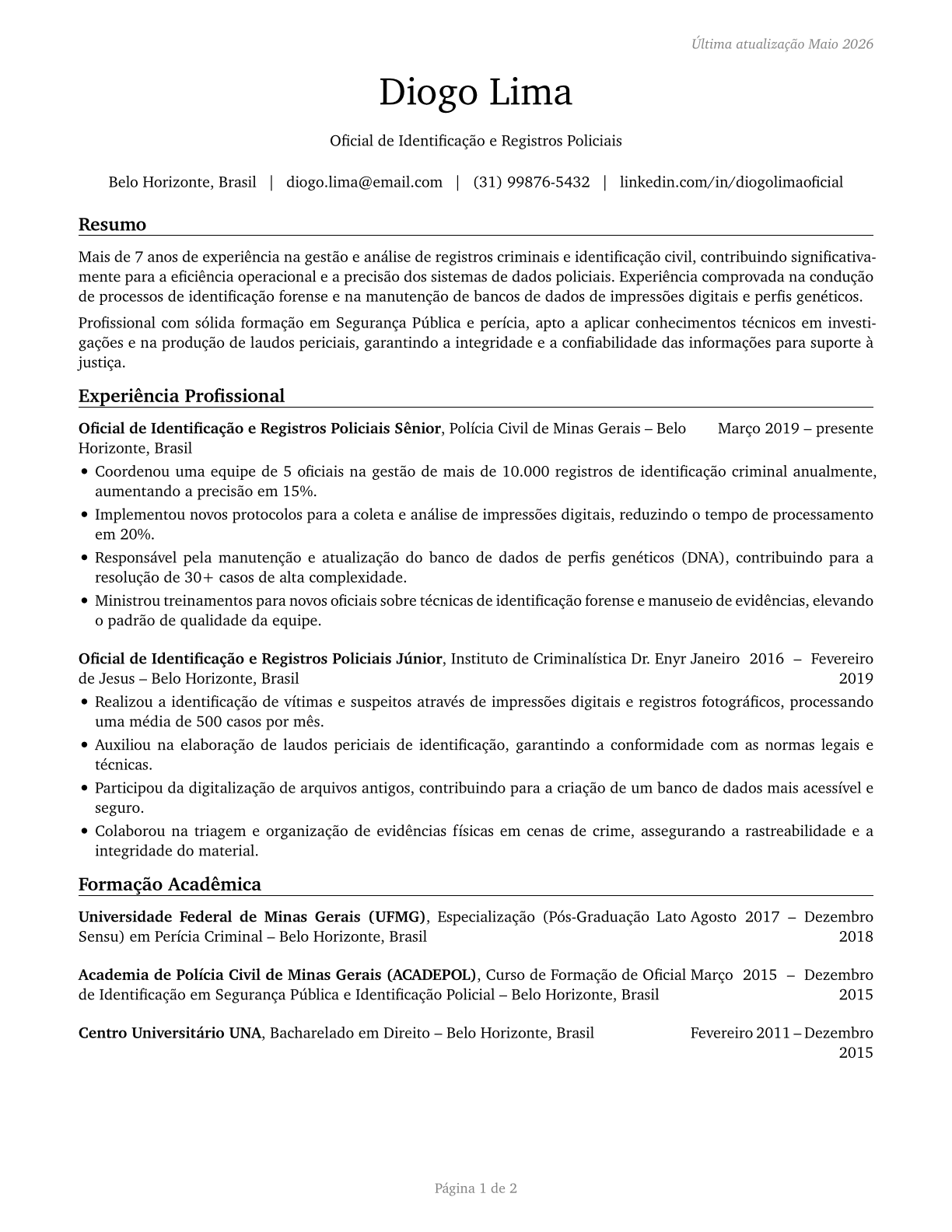 Police Identification and Records Officers CV in Portuguese — page 1