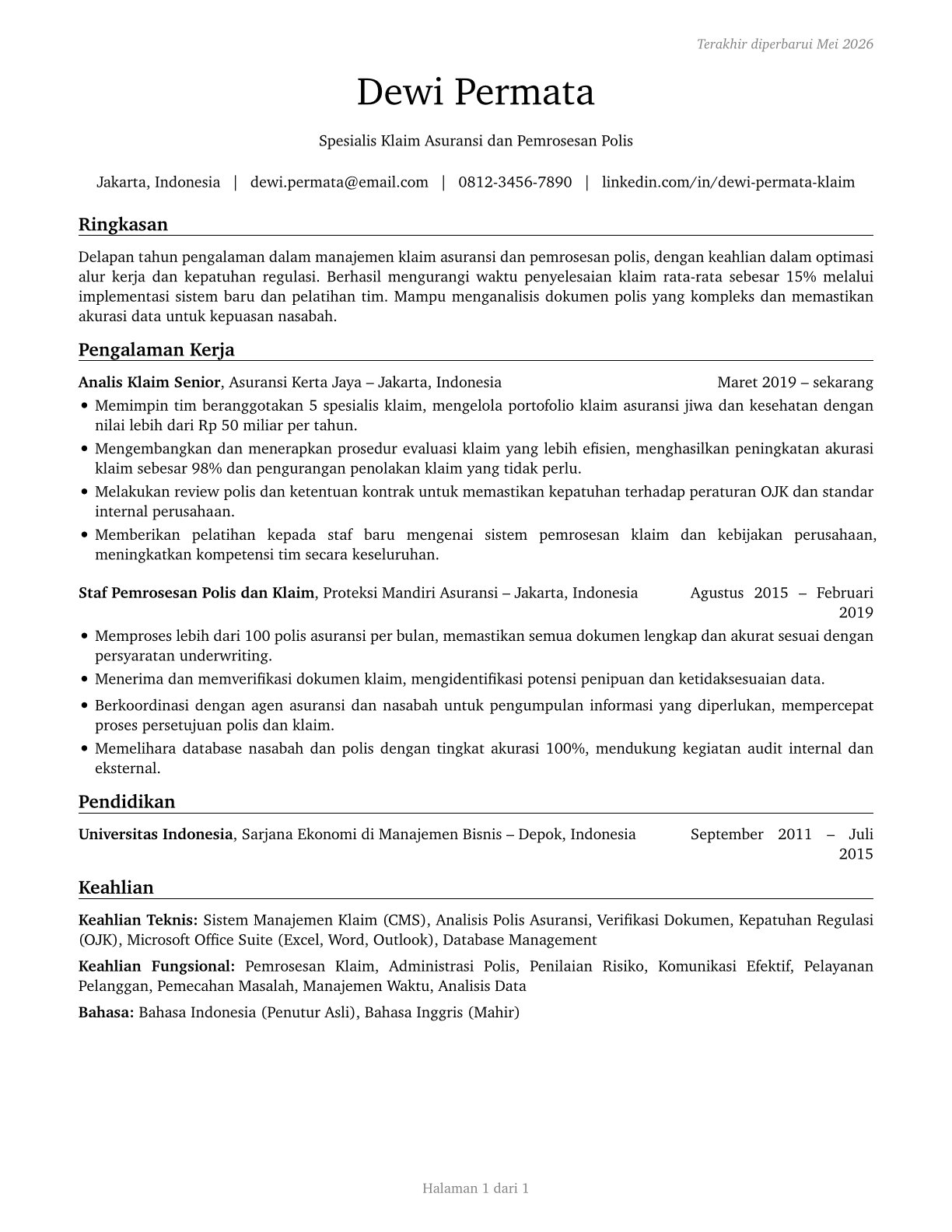 Insurance Claims and Policy Processing Clerks CV in Indonesian — page 1