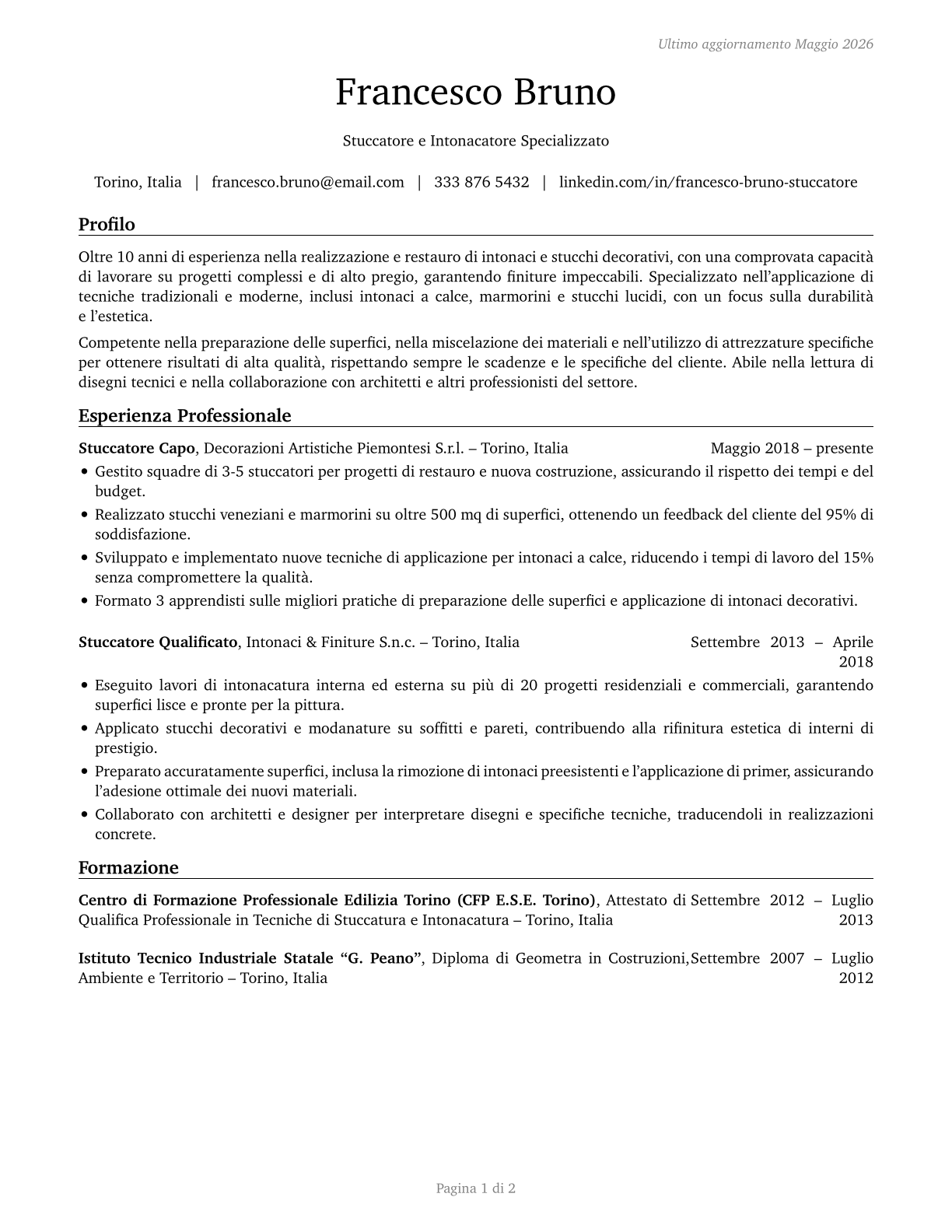 Plasterers and Stucco Masons CV in Italian — page 1