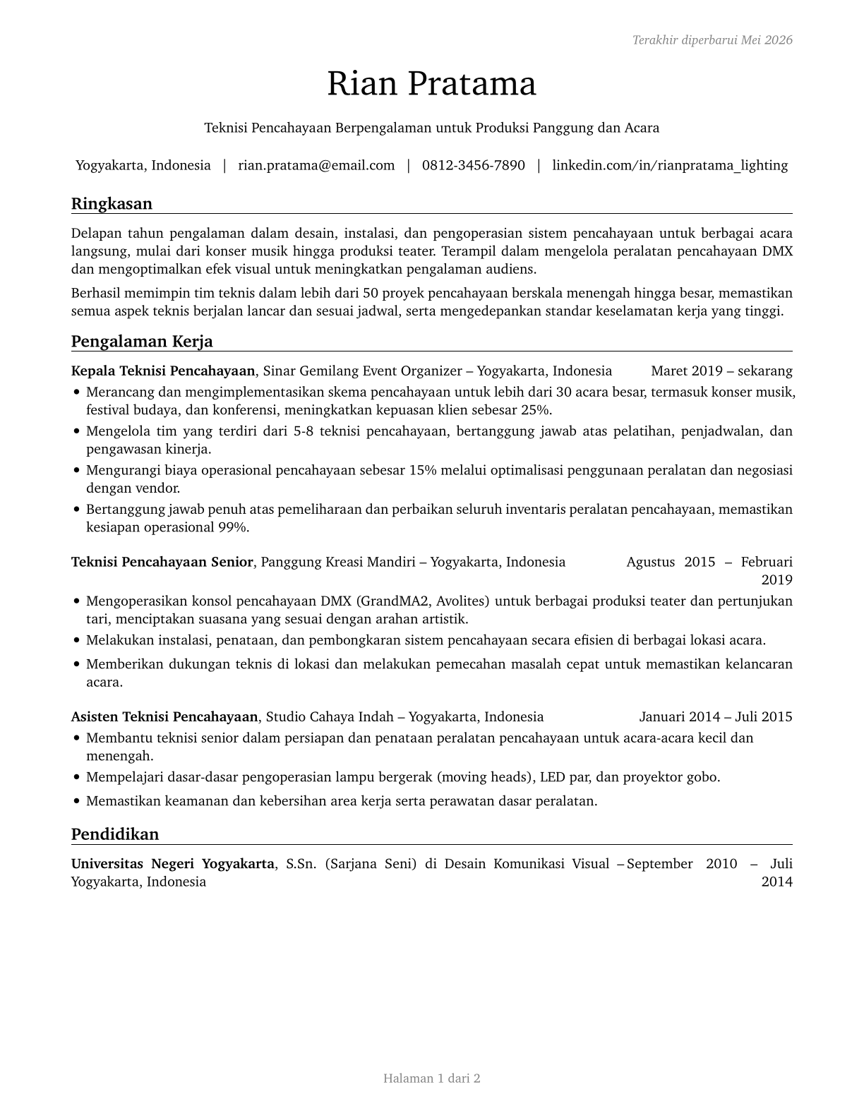 Lighting Technicians CV in Indonesian — page 1