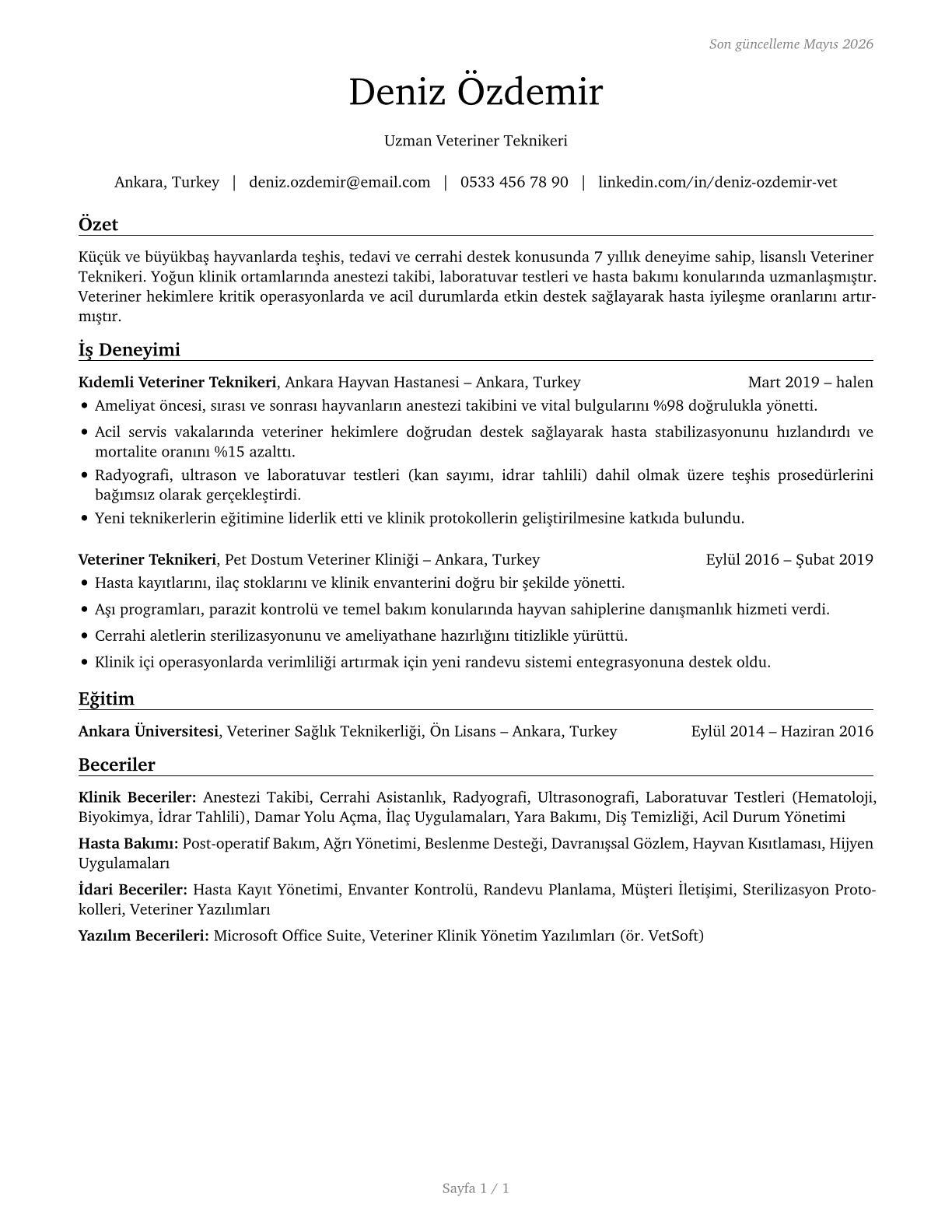 Veterinary Technologists and Technicians CV in Turkish — page 1
