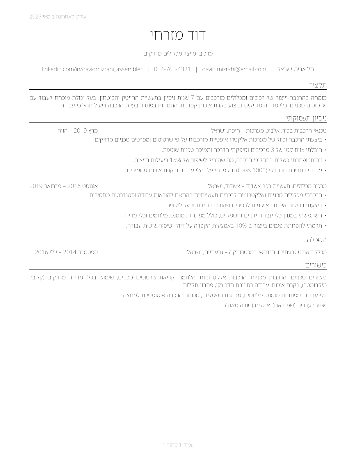 Assemblers and Fabricators, All Other CV in Hebrew — page 1