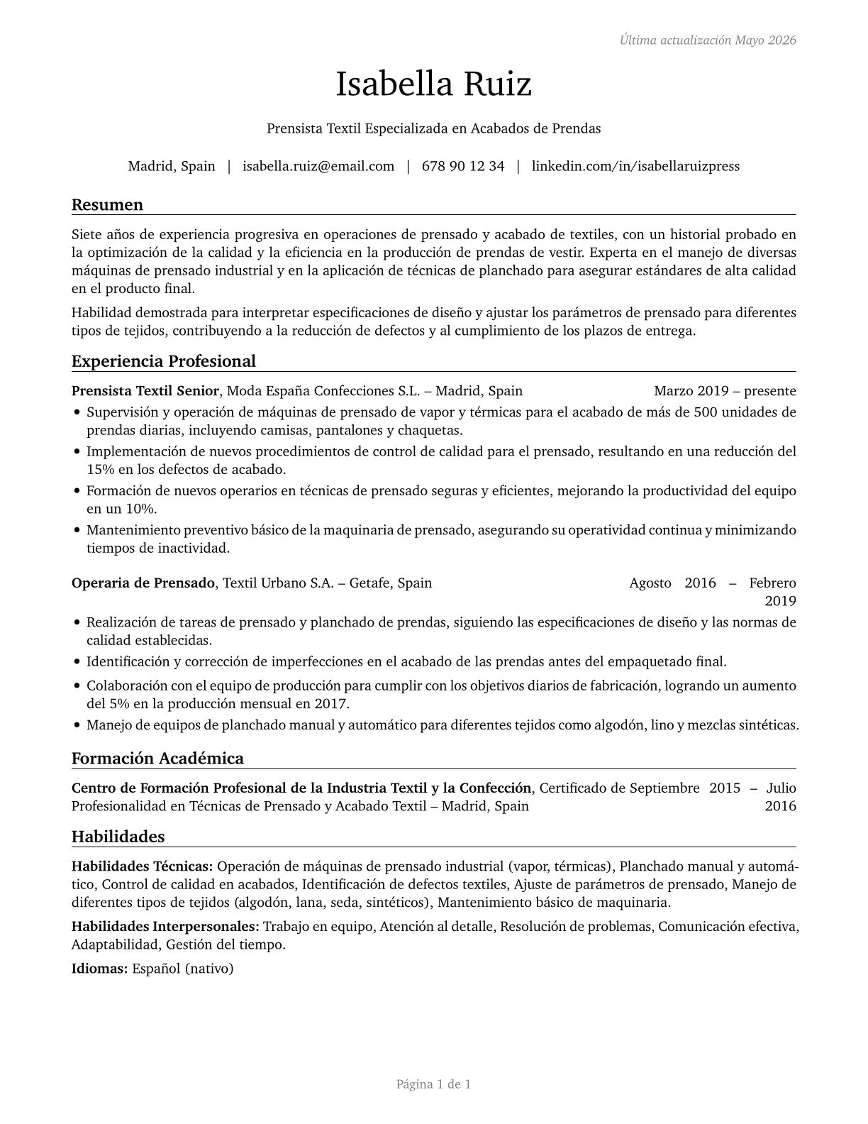 Pressers, Textile, Garment, and Related Materials CV in Spanish — page 1