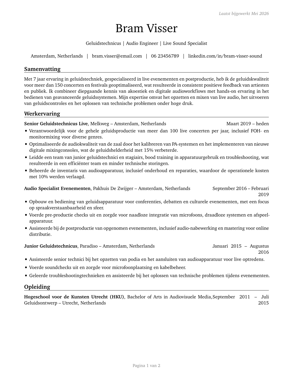 Sound Engineering Technicians CV in Dutch — page 1