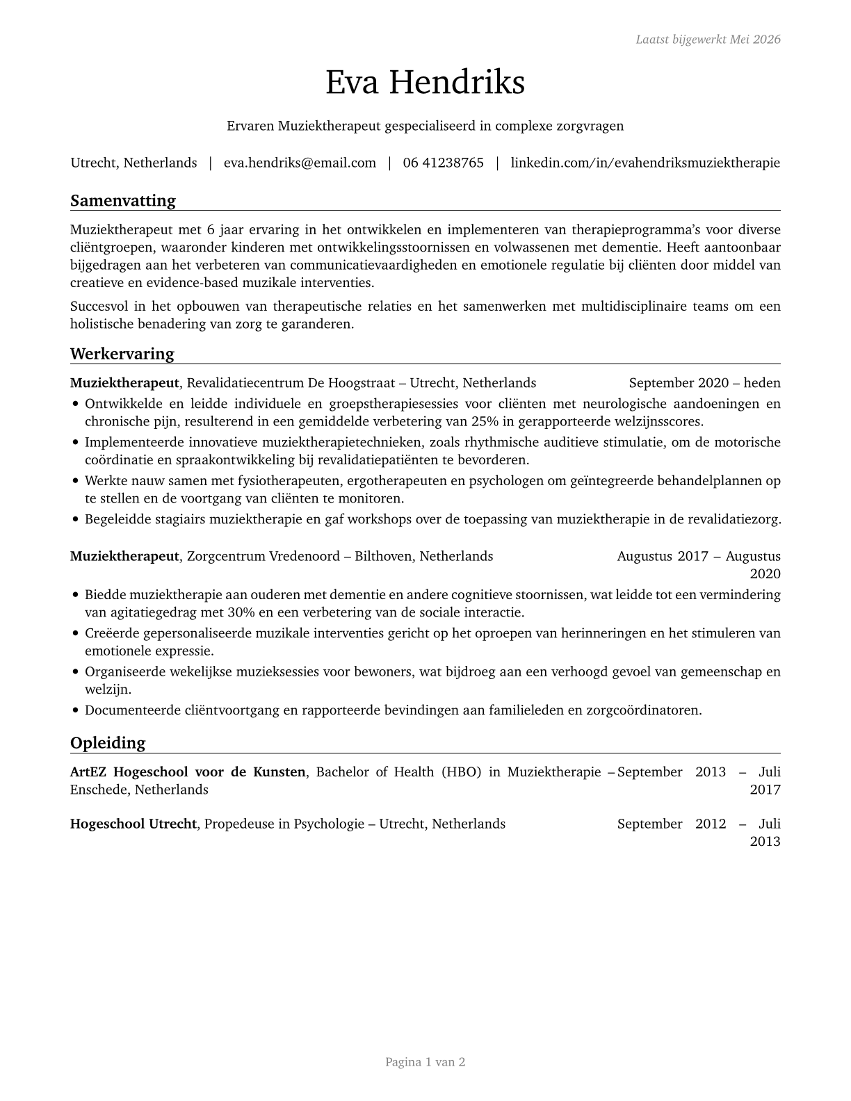 Music Therapists CV in Dutch — page 1