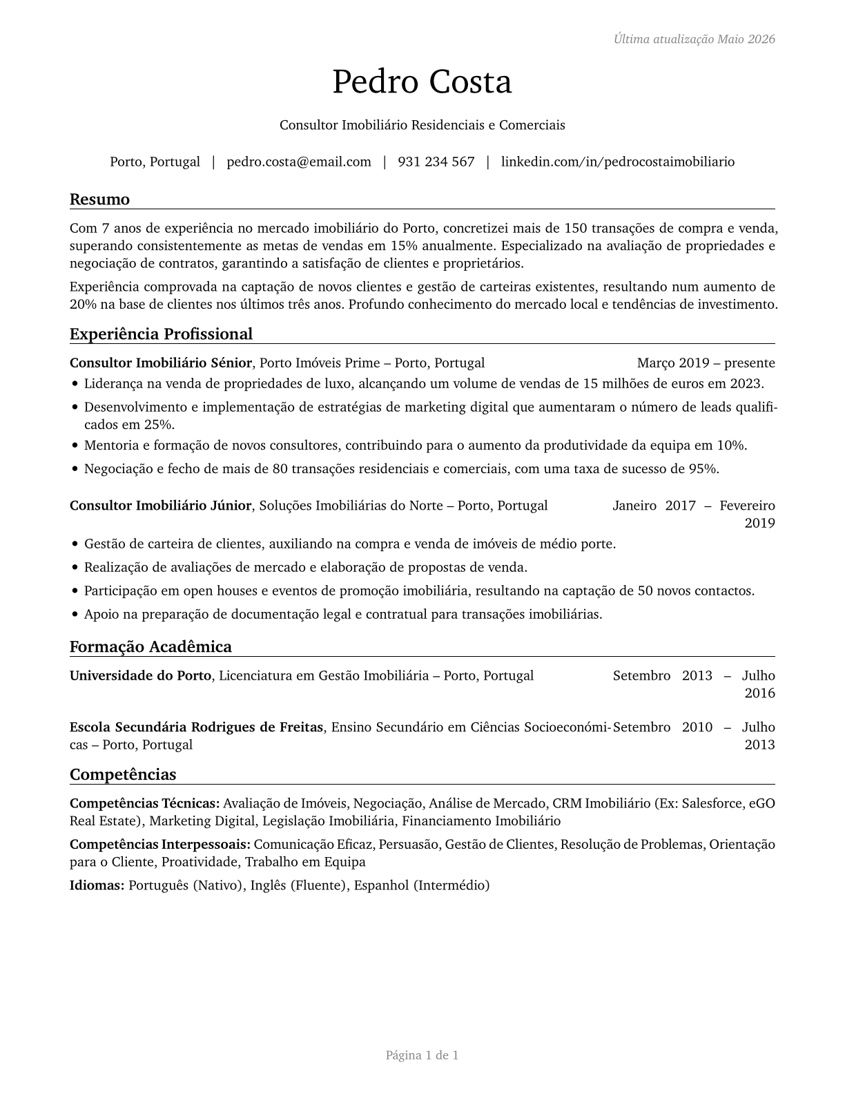 Real Estate Sales Agents CV in Portuguese — page 1