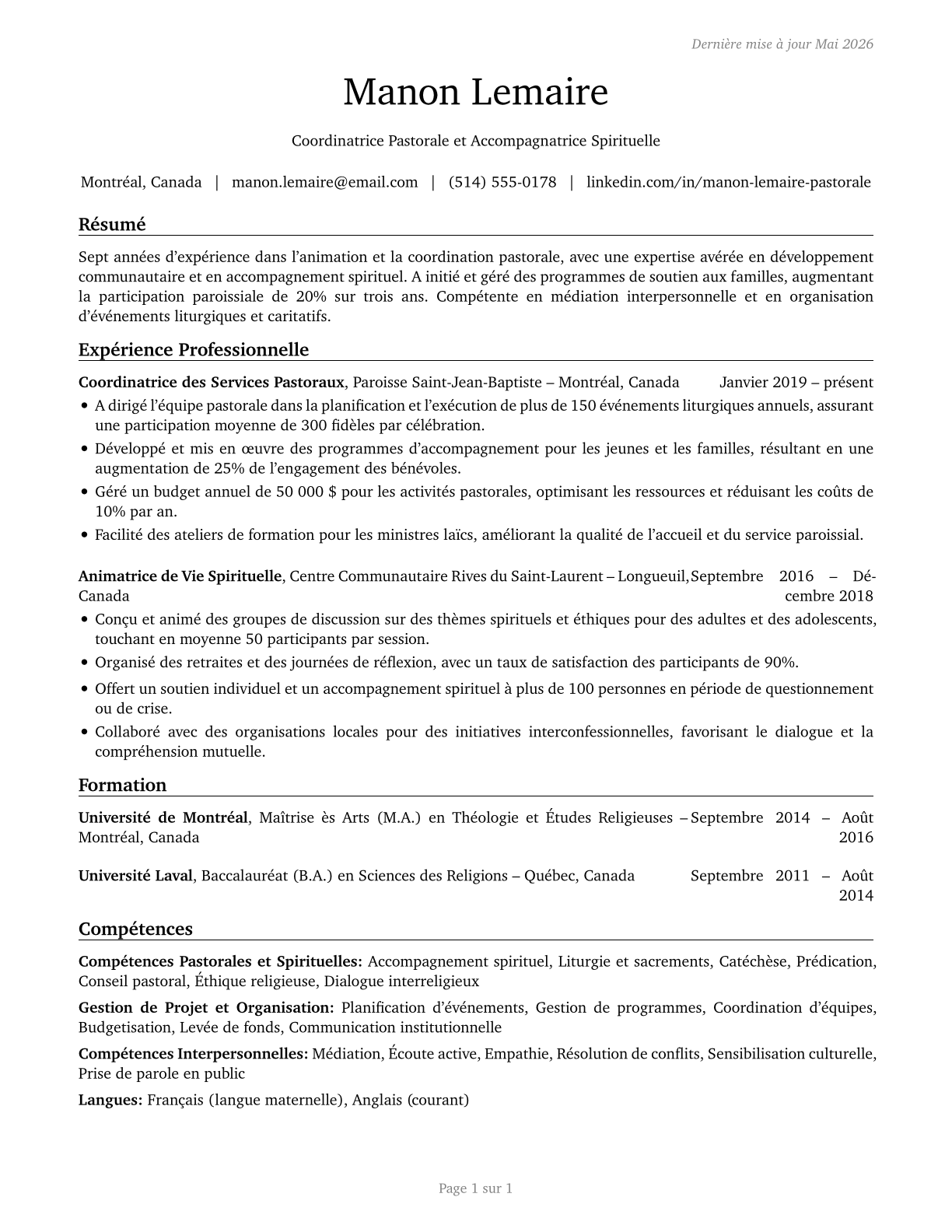 Religious Workers, All Other CV in French — page 1