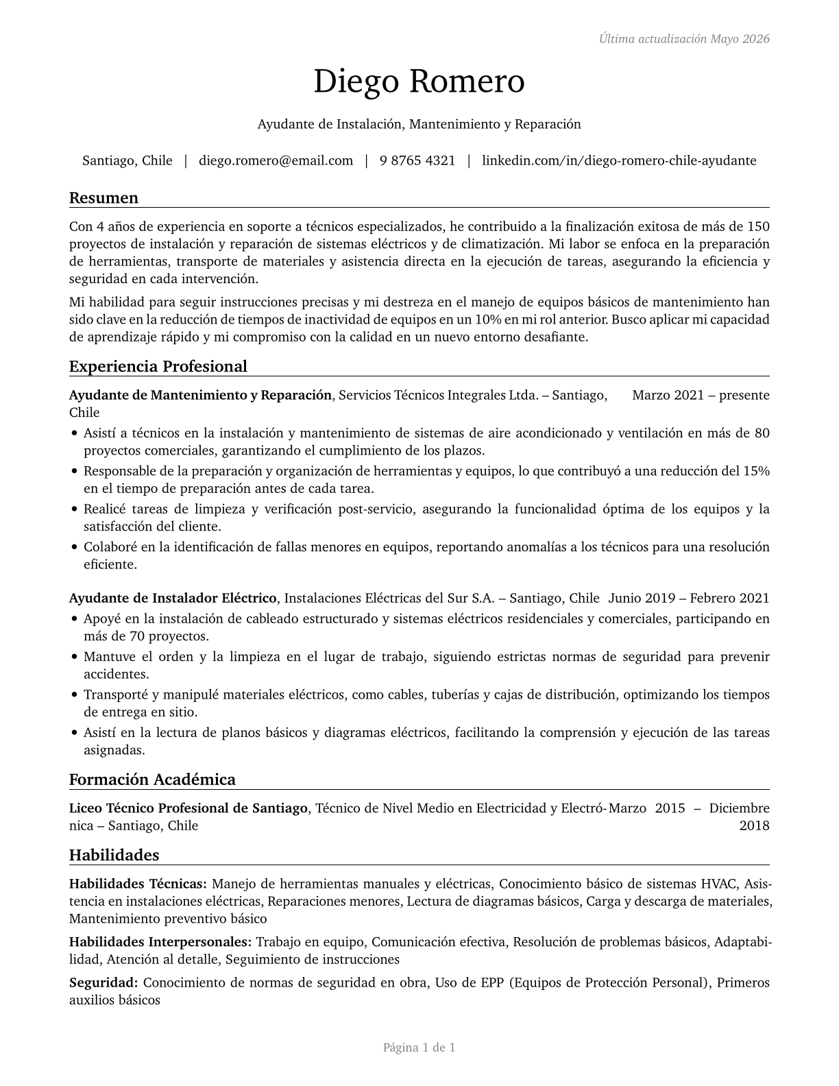 Helpers--Installation, Maintenance, and Repair Workers CV in Spanish — page 1