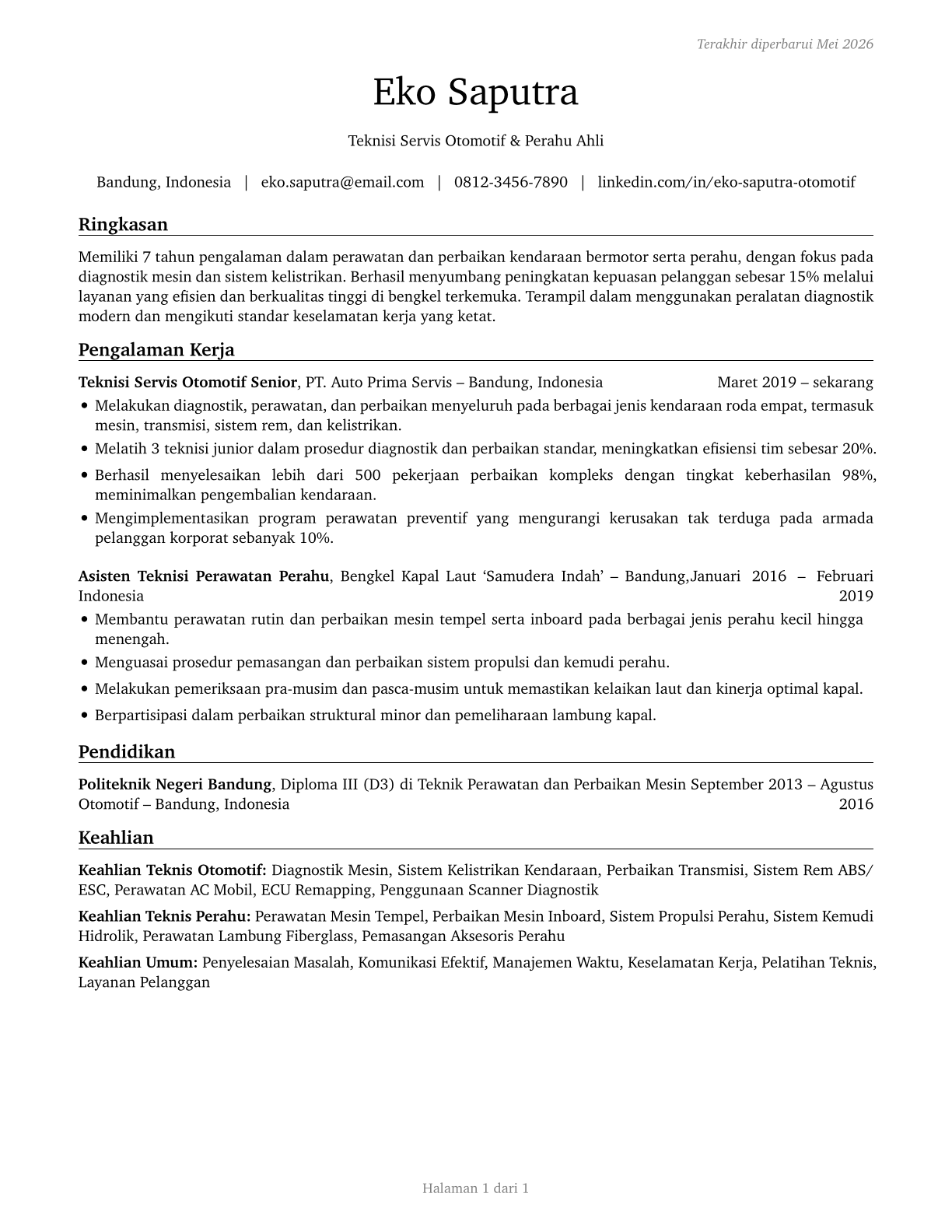 Automotive and Watercraft Service Attendants CV in Indonesian — page 1