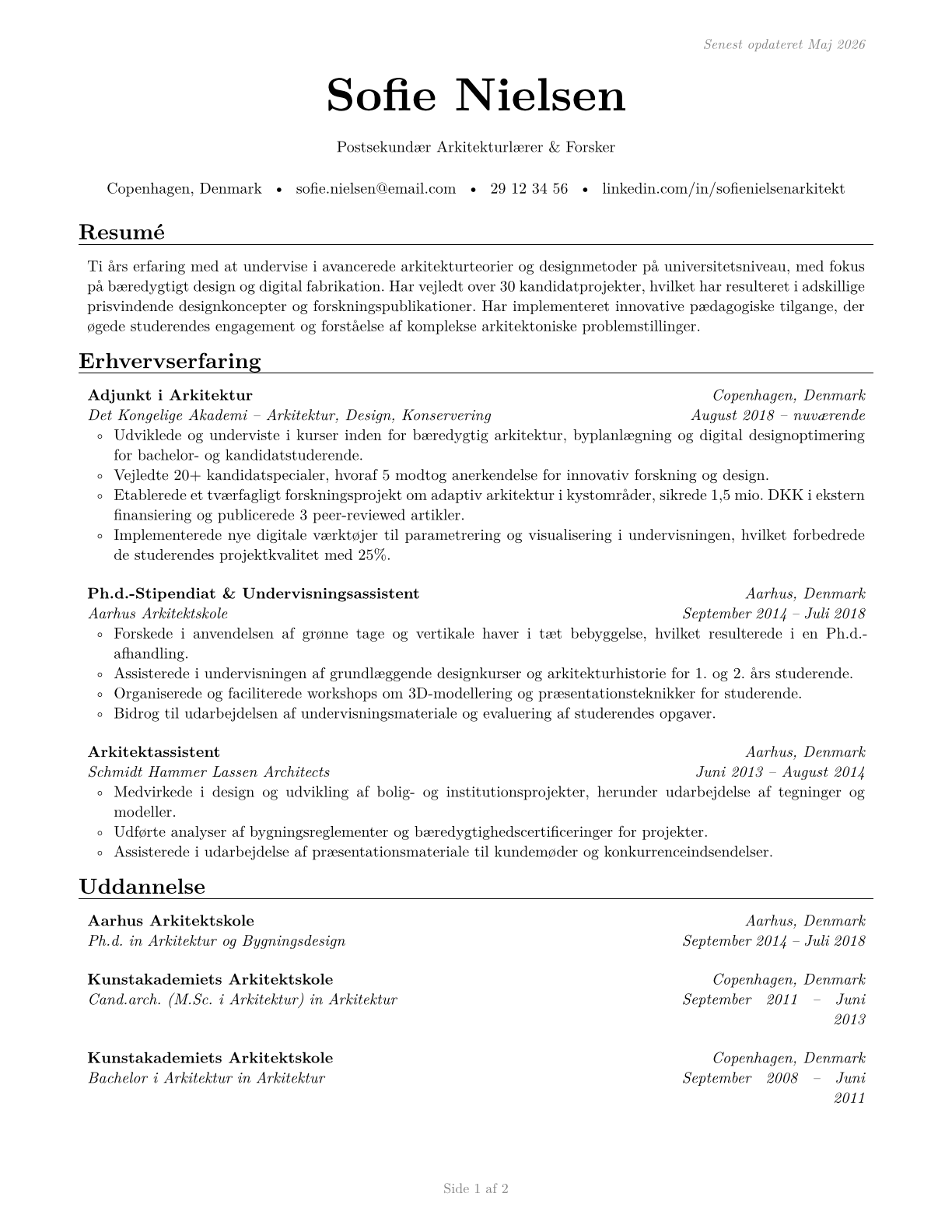 Architecture Teachers, Postsecondary CV in Danish — page 1