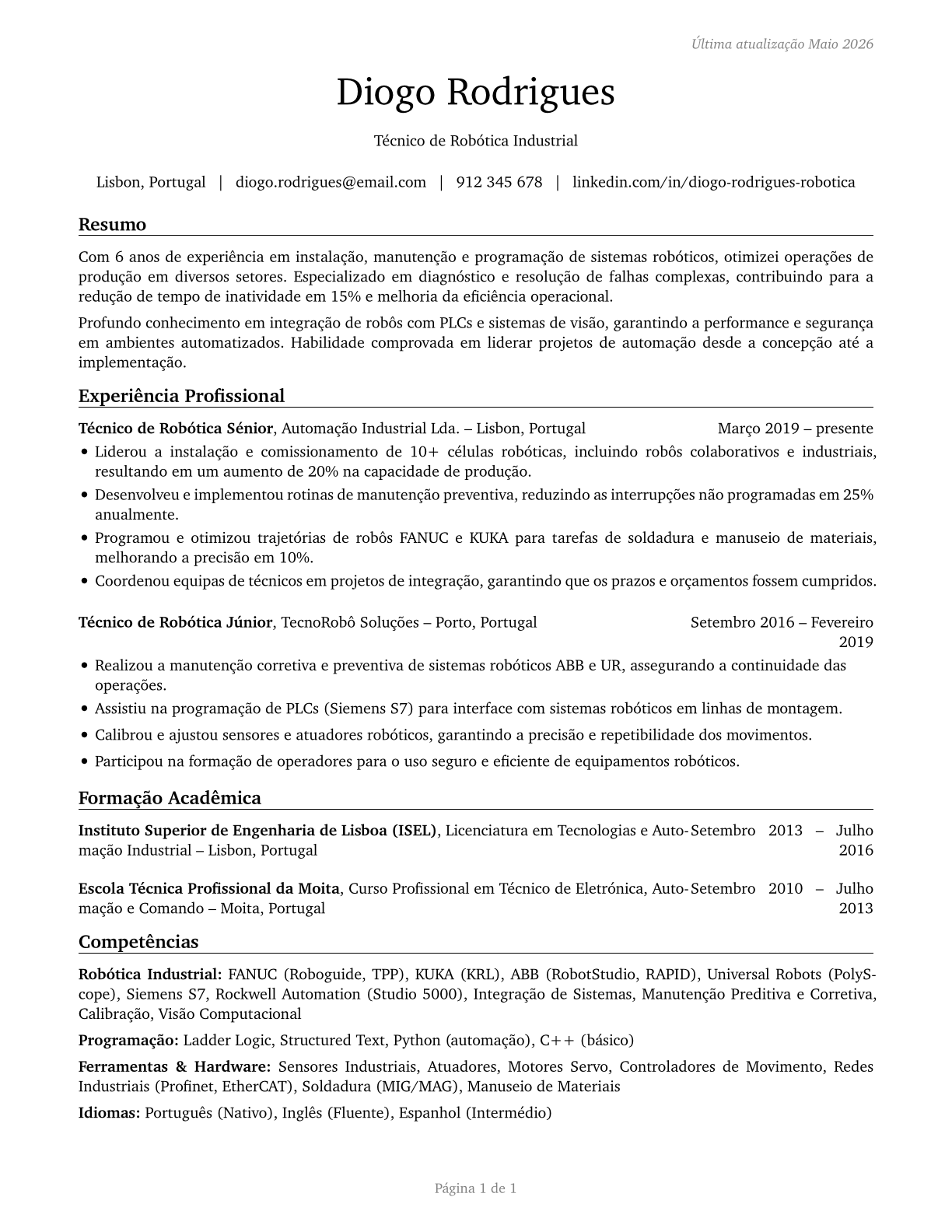 Robotics Technicians CV in Portuguese — page 1
